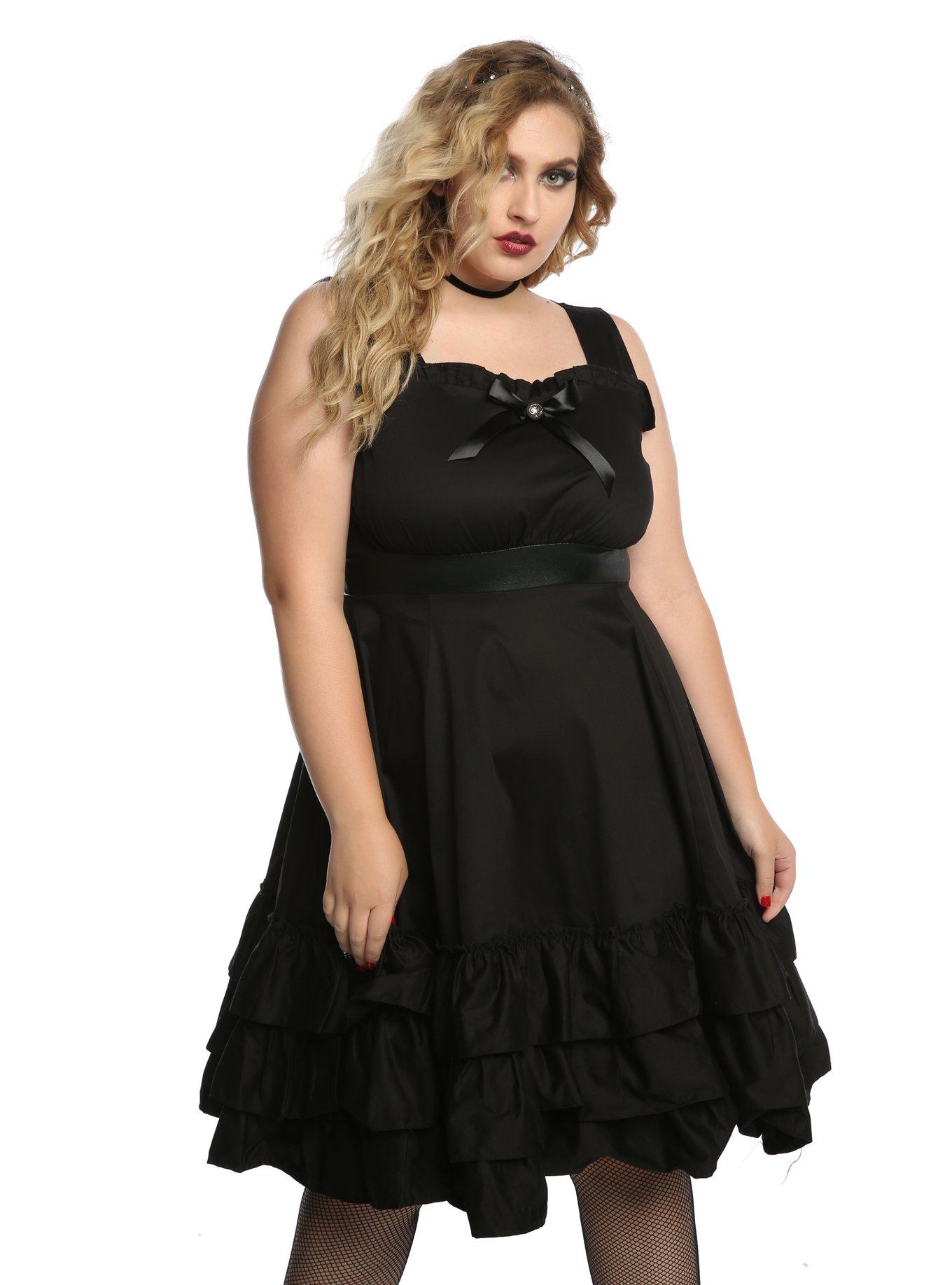Black Bow Front Sleeveless Ruffle Dress Plus Size, BLACK, hi-res