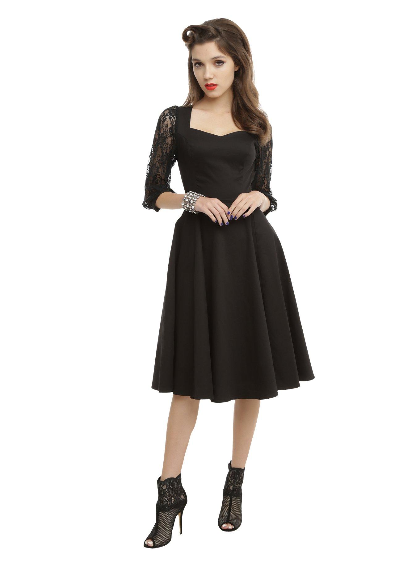 Black Lace Sleeve Swing Dress, BLACK, hi-res