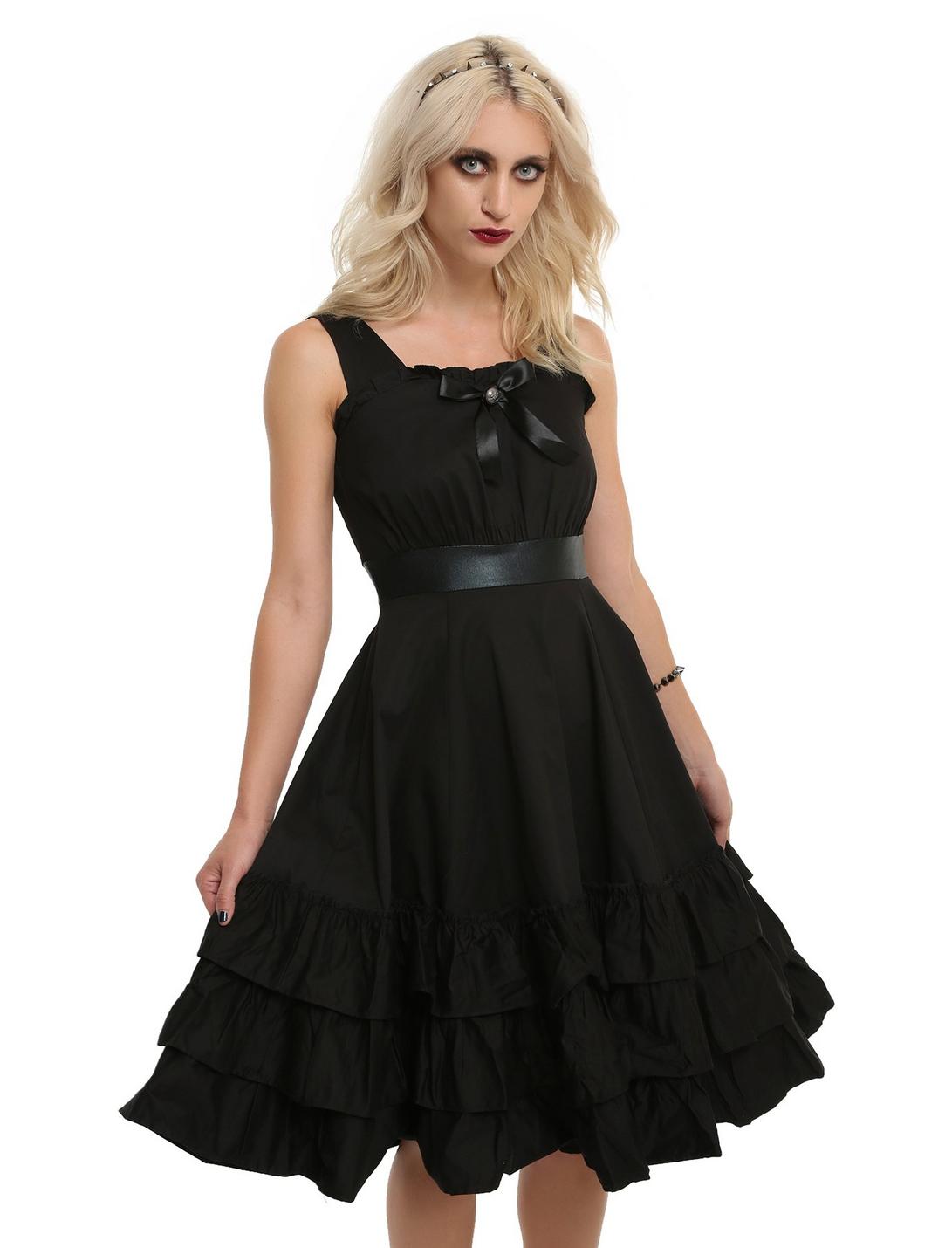 Black Bow Front Sleeveless Ruffle Dress, BLACK, hi-res
