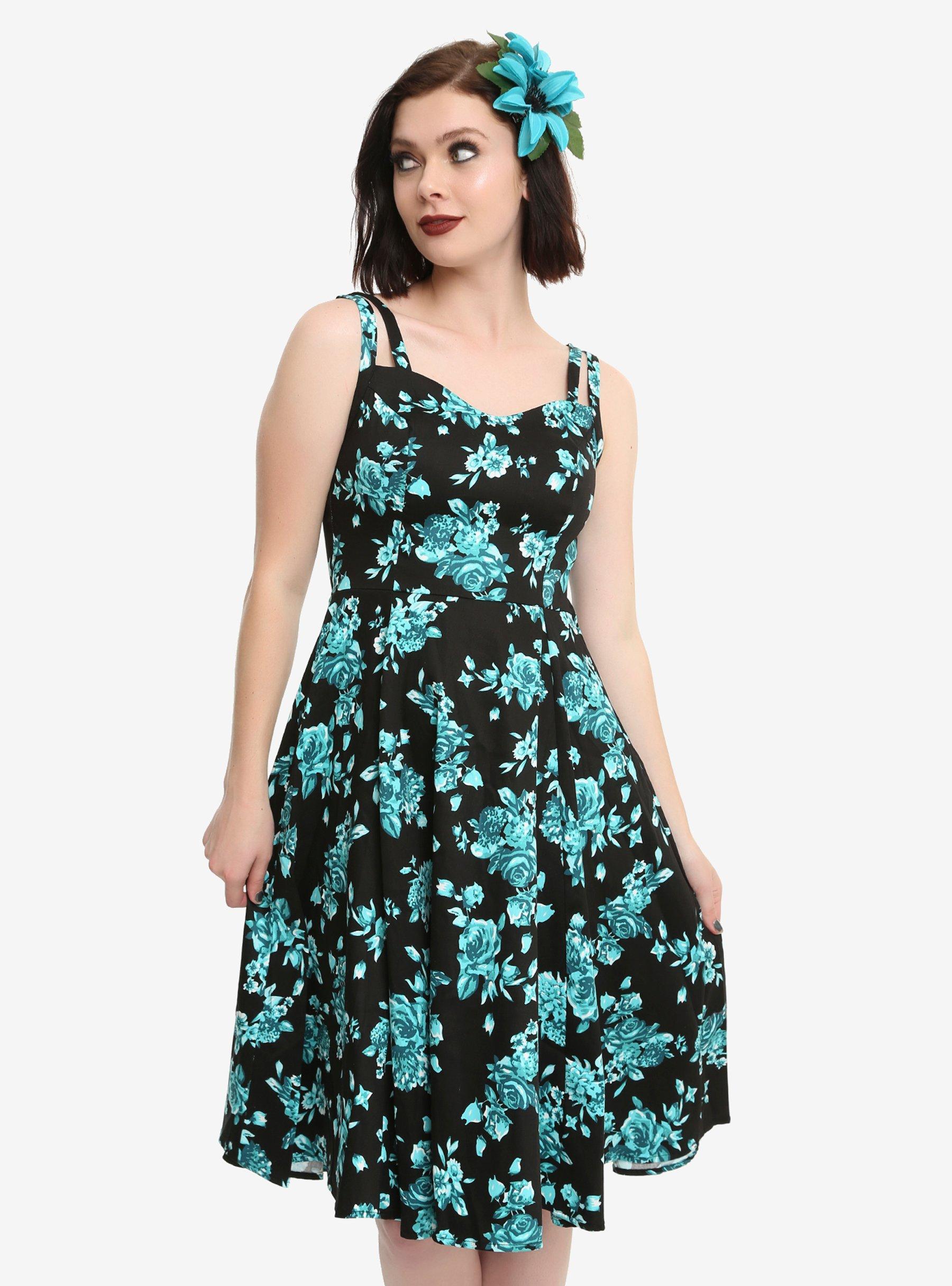 Black & Turquoise Floral Swing Dress, BLACK, hi-res