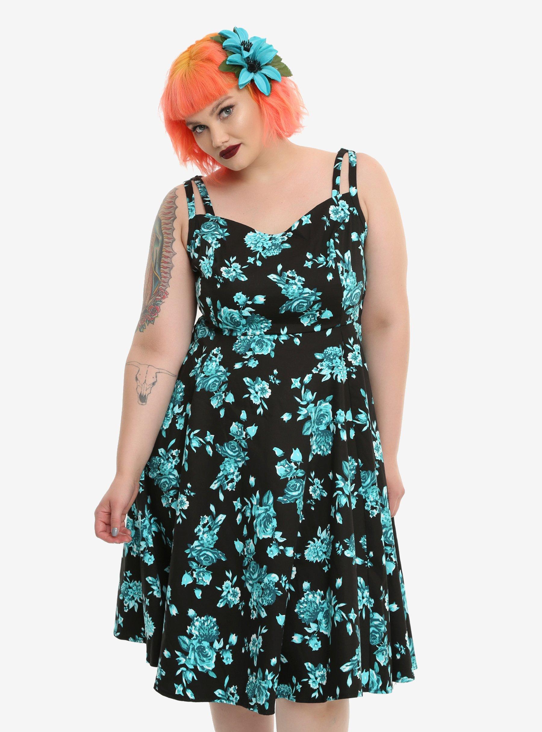 Black & Turquoise Floral Swing Dress Plus Size, BLACK, hi-res