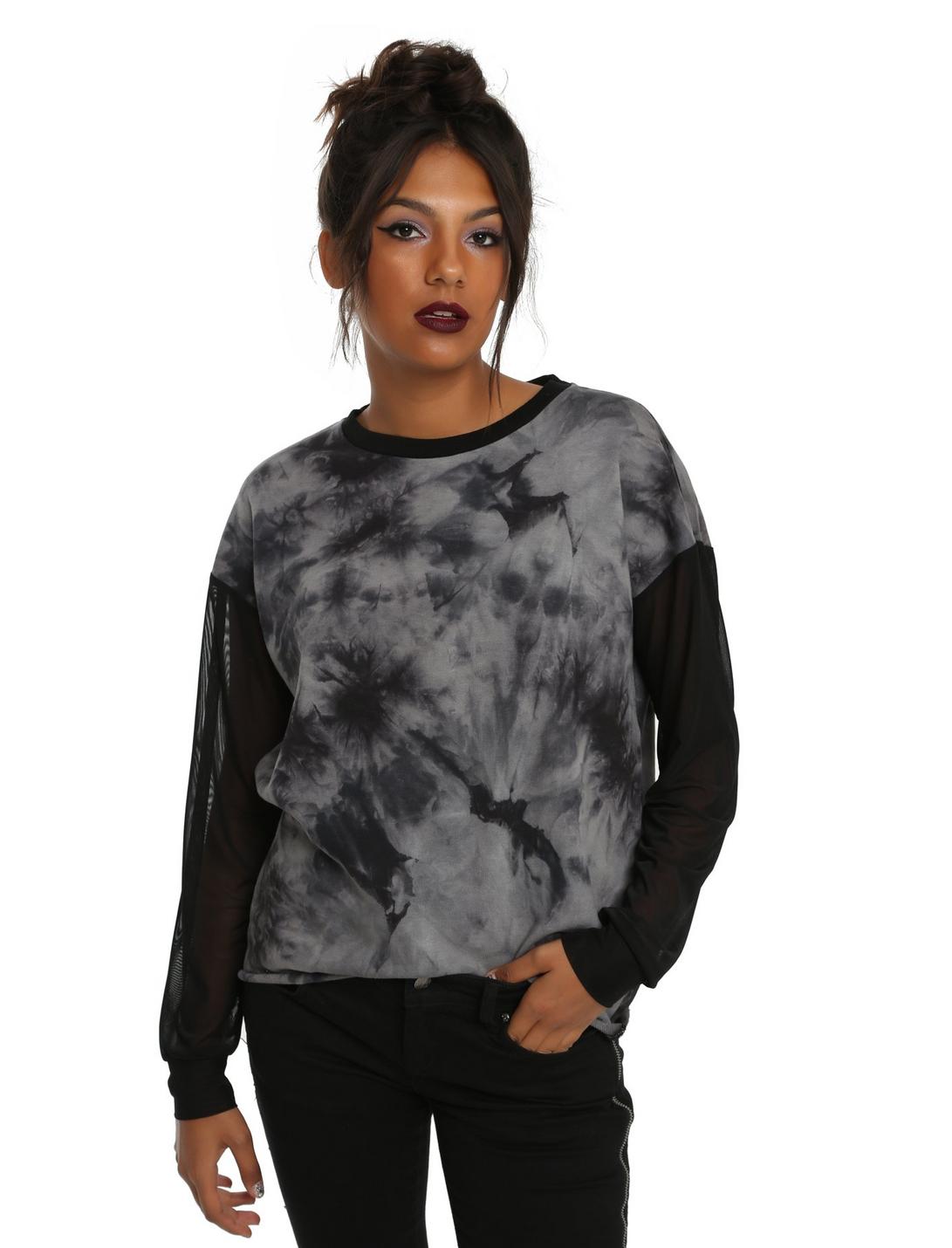 Grey & Black Mesh Sleeve Wash Girls Sweatshirt, GREY, hi-res