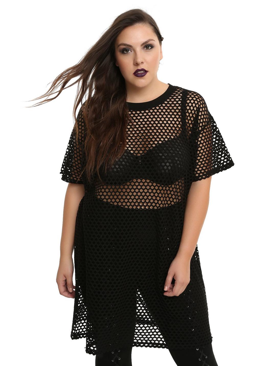 Black Fishnet Dress Plus Size, BLACK, hi-res