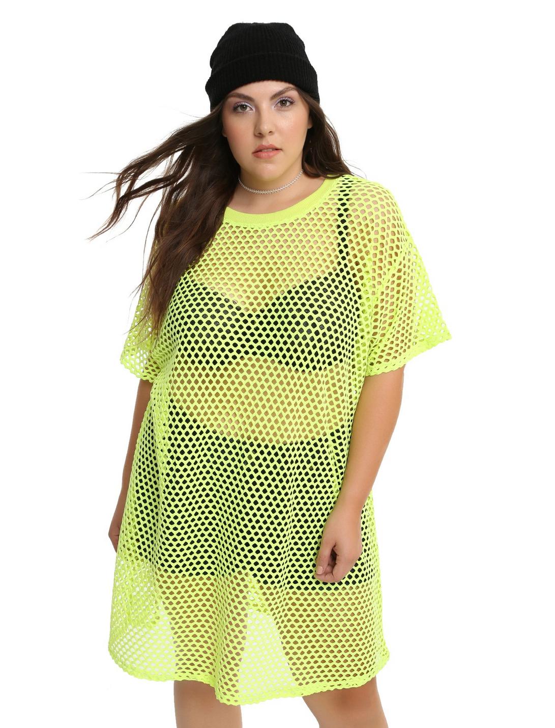 Neon Green Fishnet Dress Plus Size, GREEN, hi-res