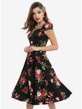 Black Cap Sleeve Floral Swing Dress, BLACK, hi-res