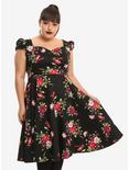 Black Cap Sleeve Floral Swing Dress Plus Size, BLACK, hi-res