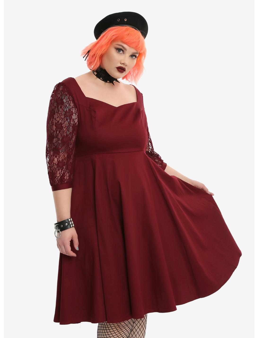 Burgundy Lace Sleeve Swing Dress Plus Size, RED, hi-res