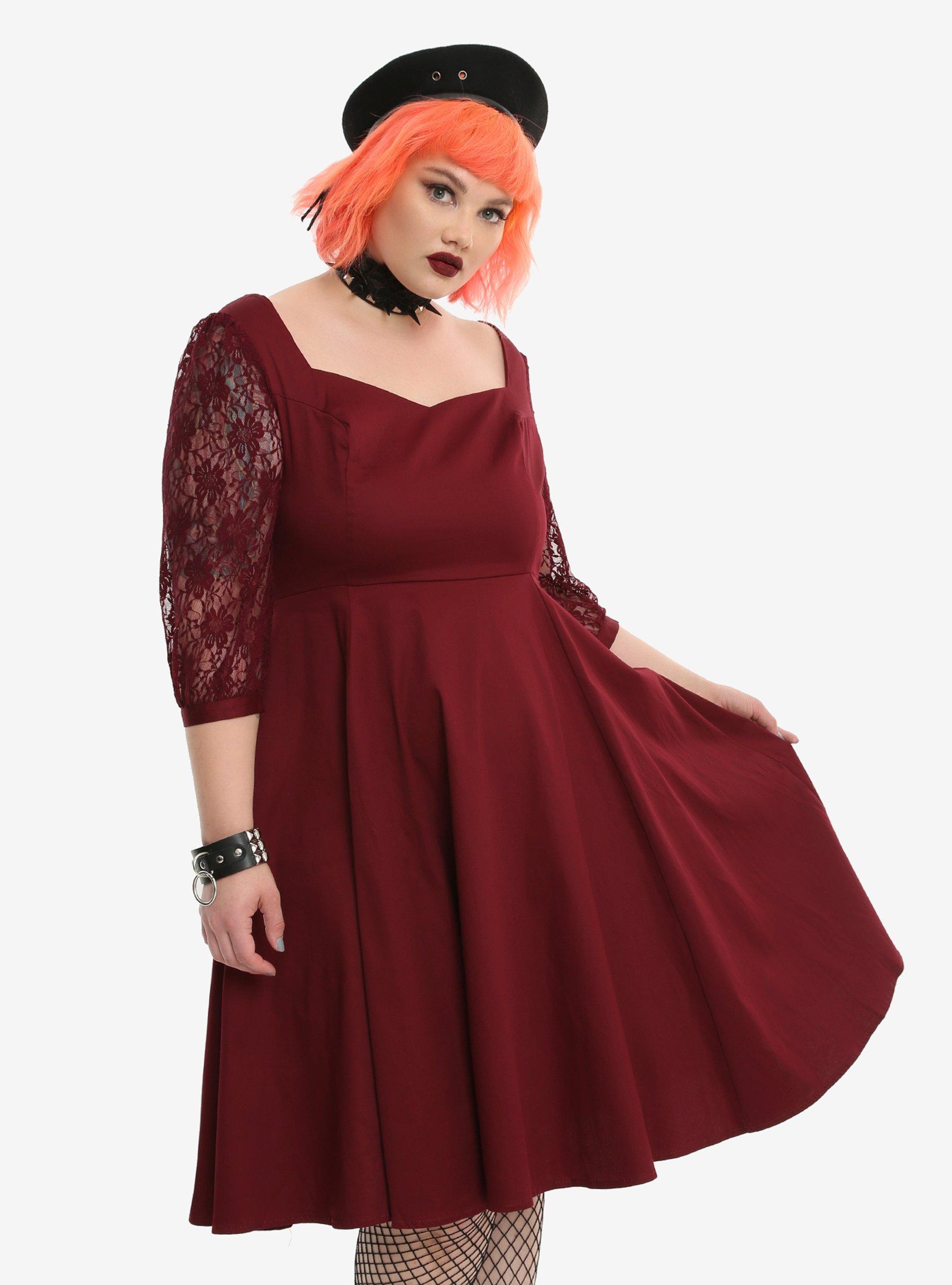 Burgundy Lace Sleeve Swing Dress Plus Size, RED, hi-res