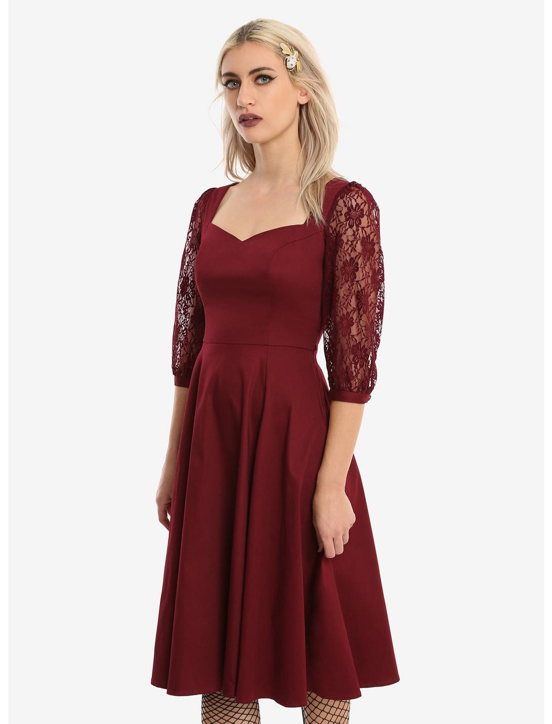 Burgundy Lace Sleeve Swing Dress, RED, hi-res