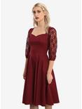 Burgundy Lace Sleeve Swing Dress, RED, hi-res