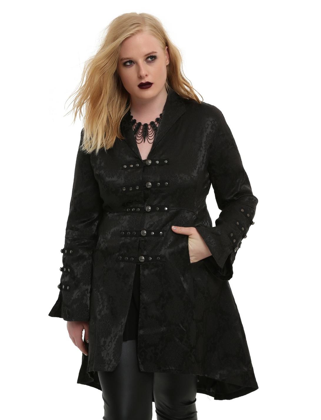 Black Brocade Strap Girls Jacket Plus Size, BLACK, hi-res