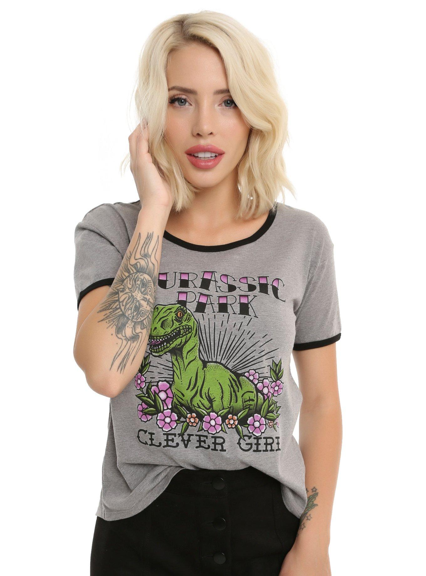 Jurassic Park Clever Girl Velociraptor Tattoo Girls Ringer T-Shirt, GREY, hi-res