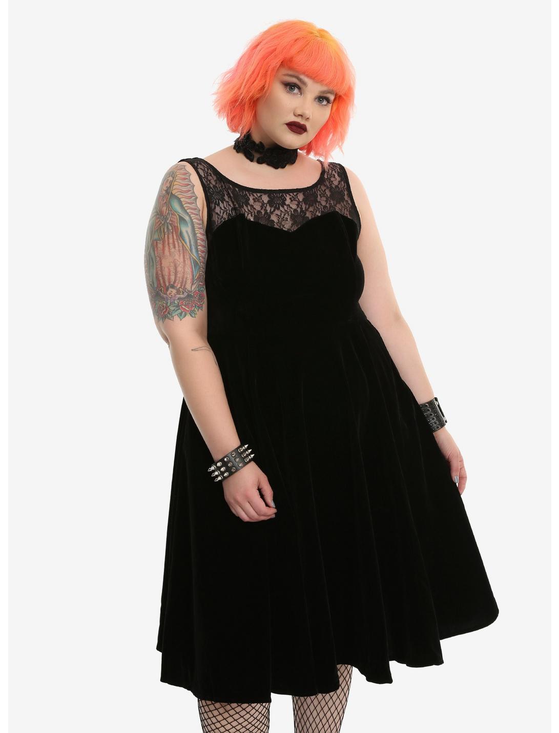 Black Velvet Lace Yoke Fit & Flare Dress Plus Size, BLACK, hi-res