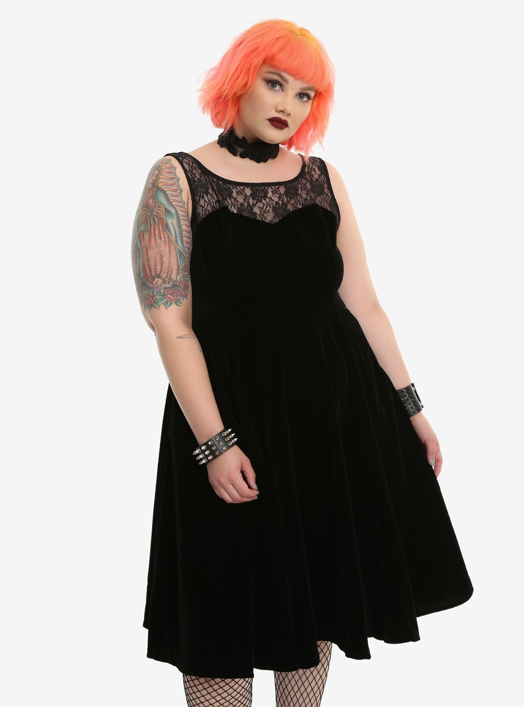 Black Velvet Lace Yoke Fit & Flare Dress Plus Size, BLACK, hi-res