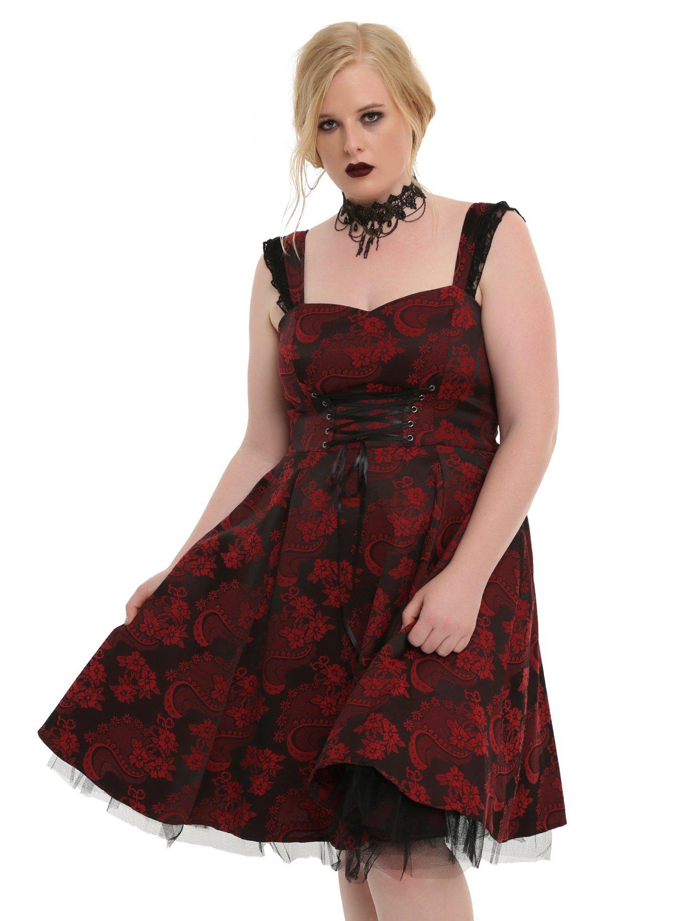 Red & Black Brocade Lace-Up Dress Plus Size, RED, hi-res