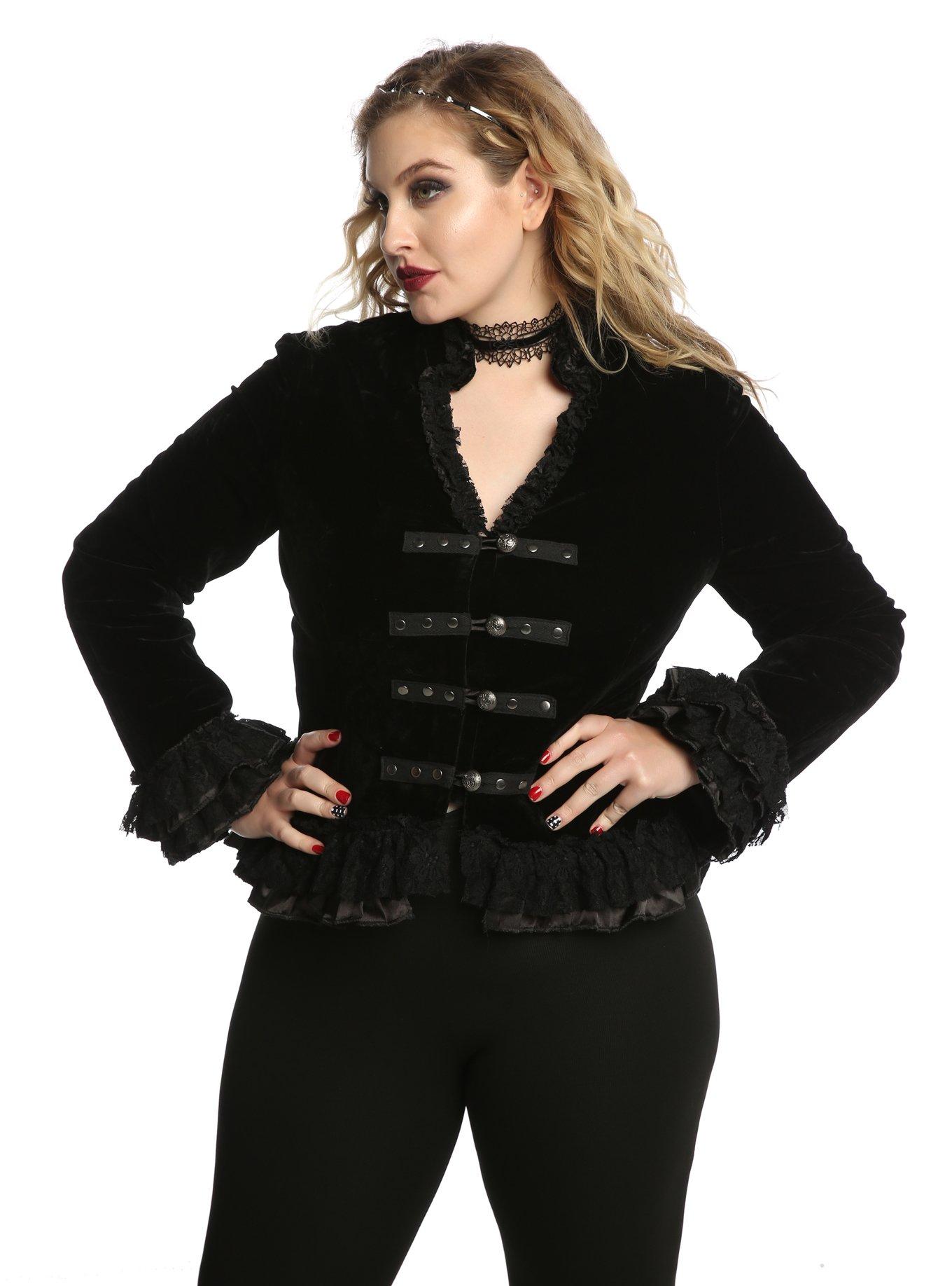 Black Velvet Lace Up Ruffle Bodice Girls Jacket Plus Size, BLACK, hi-res