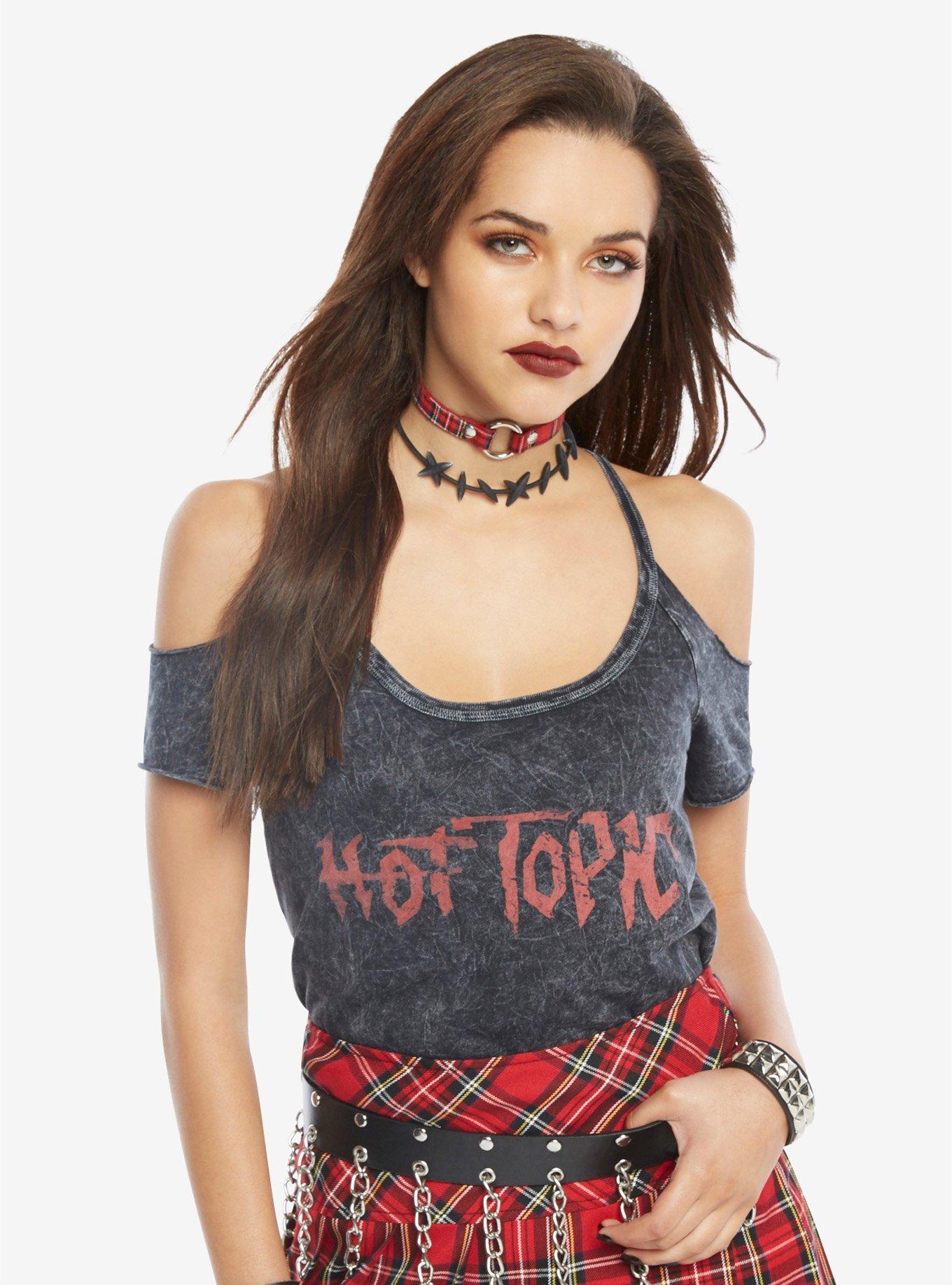 Hot Topic Bleach Wash Girls Cold Shoulder Top, BLACK, hi-res