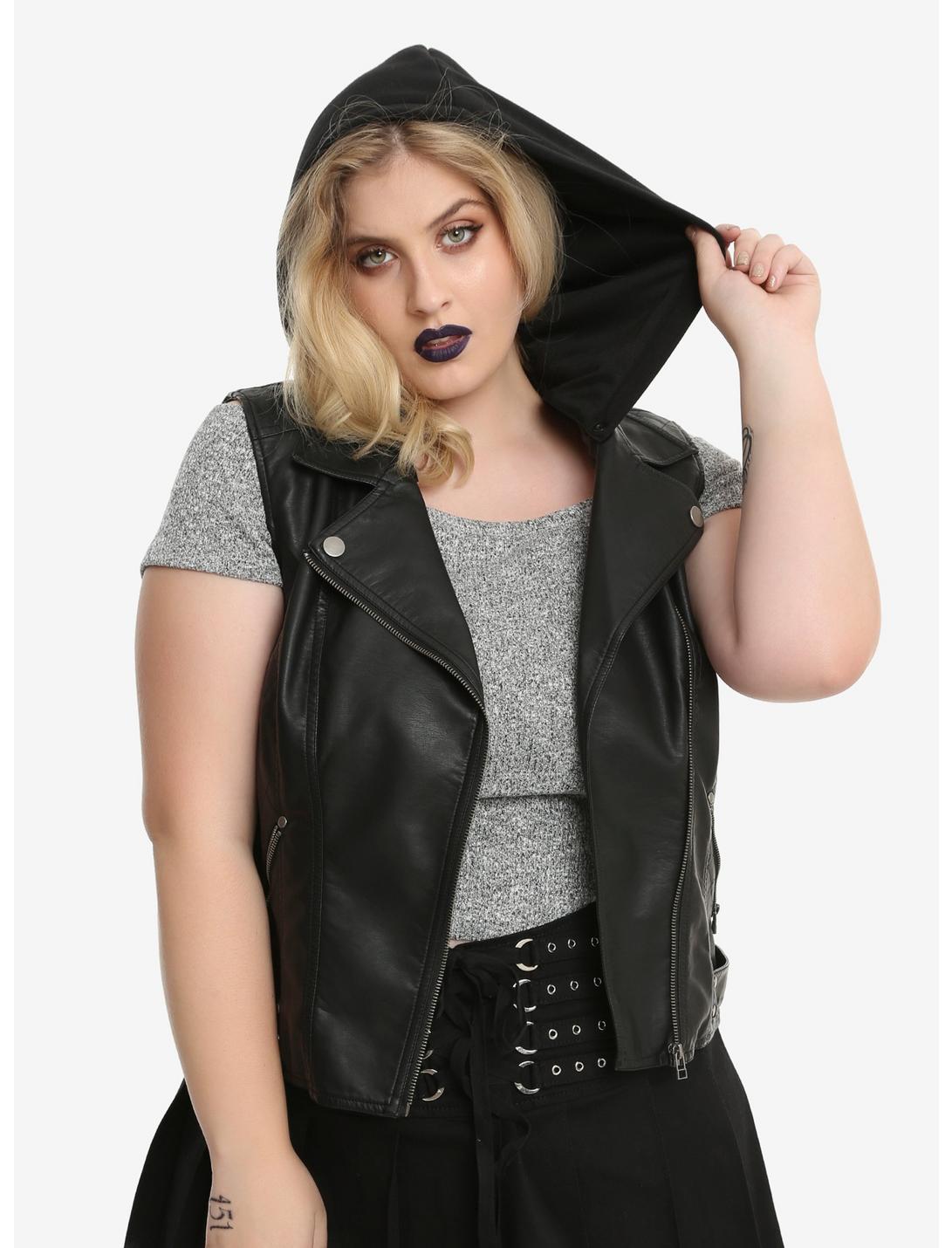 Faux Leather Girls Hooded Moto Vest Plus Size, BLACK, hi-res
