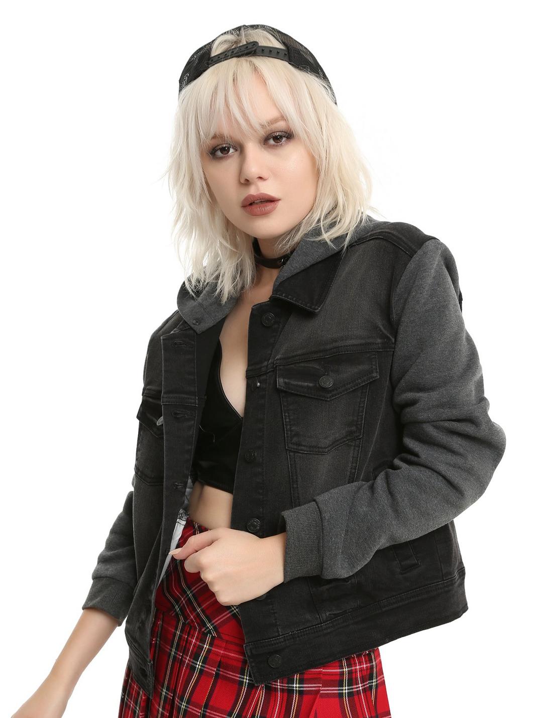 Dark Grey Denim Heather Grey Fleece Girls Hooded Jacket, BLACK, hi-res