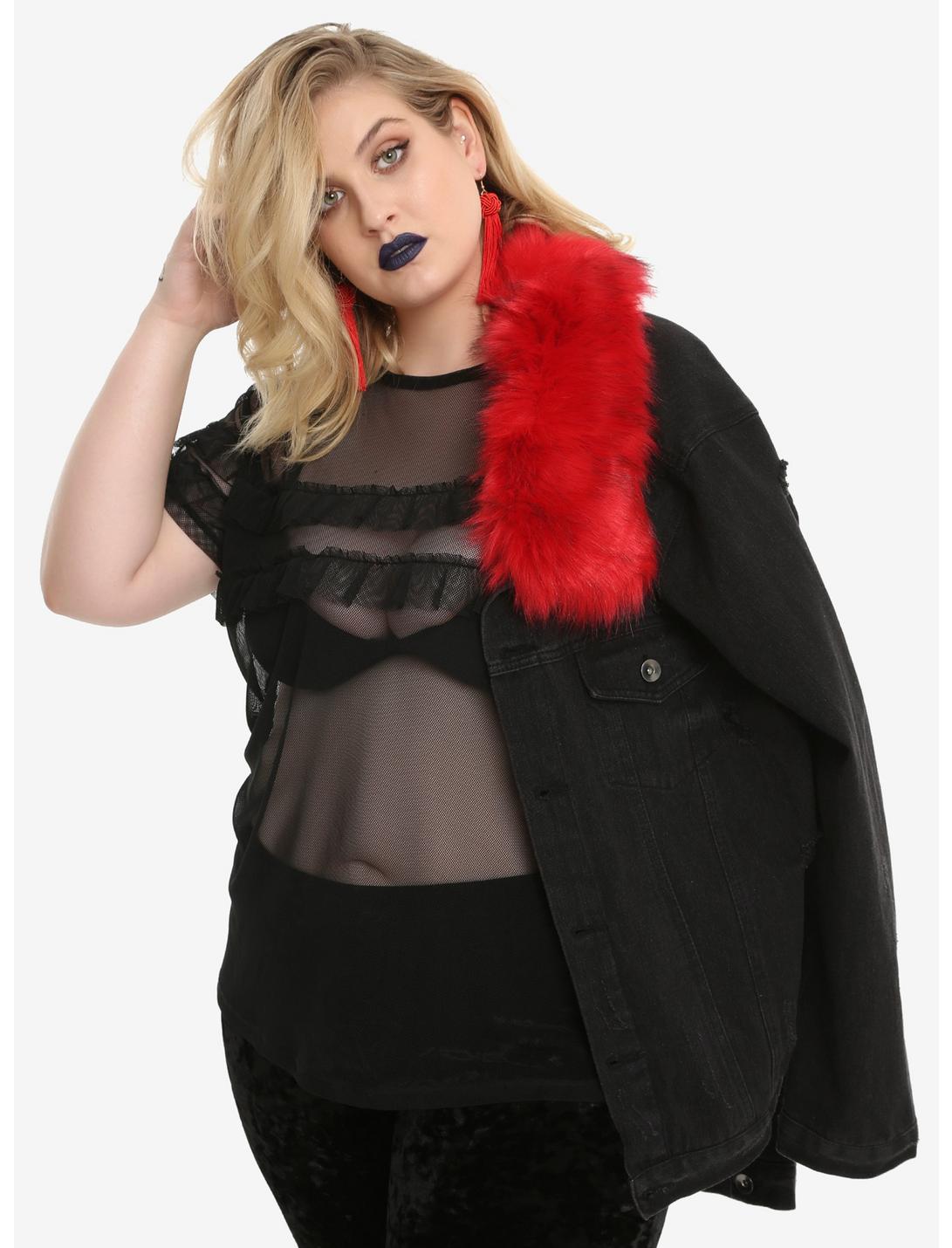 Red Removable Faux Fur Black Denim Girls Jacket Plus Size, BLACK, hi-res