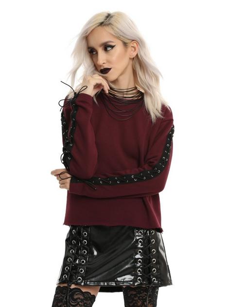 Burgundy Lace-Up Long-Sleeve Girls Top | Hot Topic