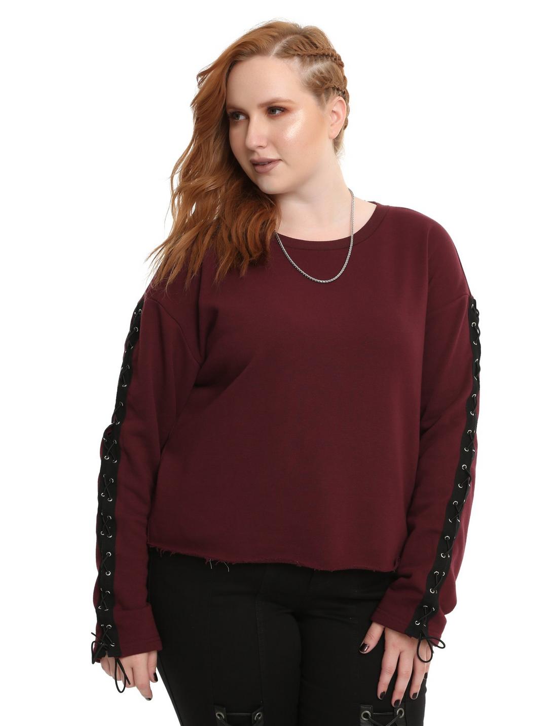 Burgundy Lace-Up Long-Sleeve Girls Top Plus Size, BURGUNDY, hi-res
