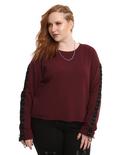 Burgundy Lace-Up Long-Sleeve Girls Top Plus Size, BURGUNDY, hi-res