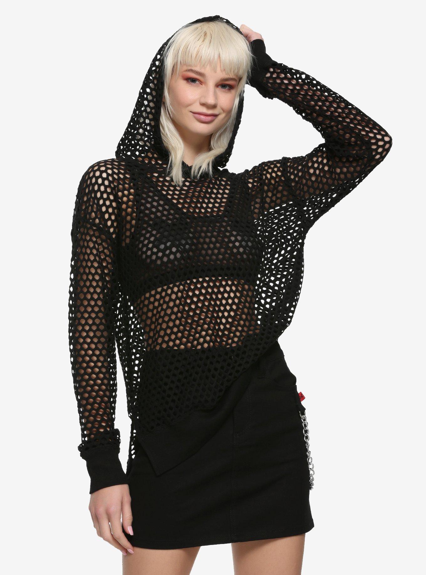 Black Fishnet Hoodie, BLACK, hi-res