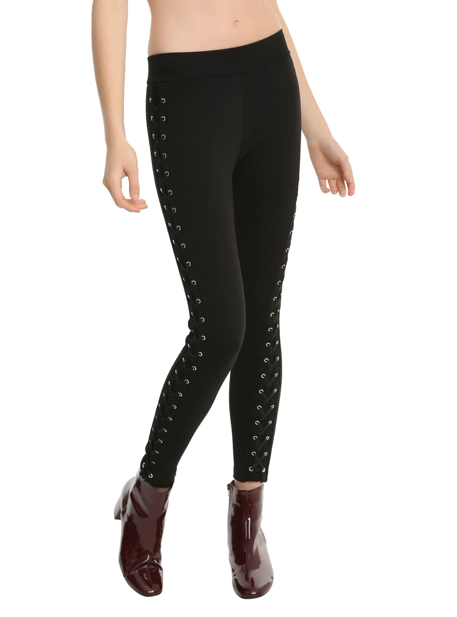 Black Lace-Up Leggings, BLACK, hi-res