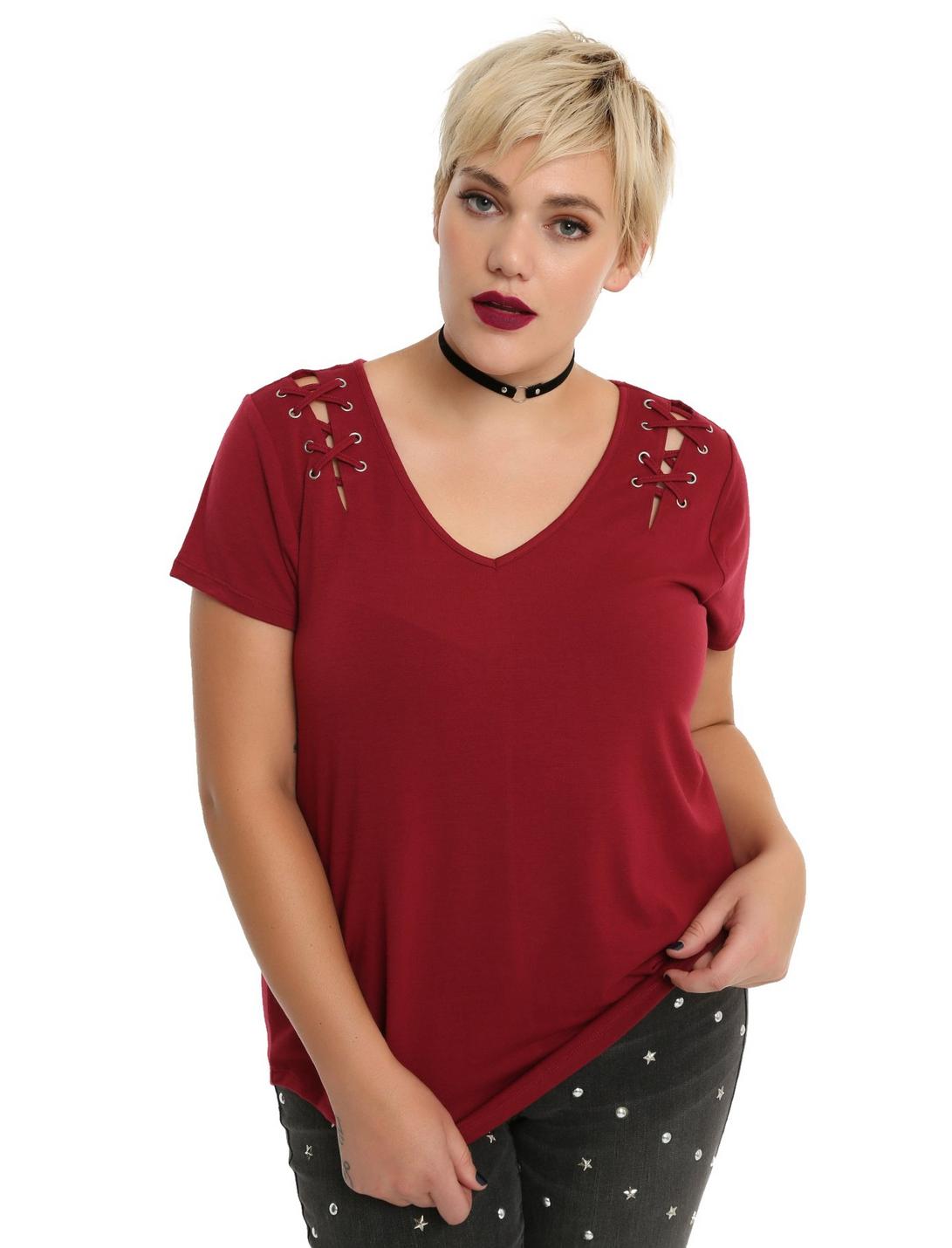 Burgundy Lace-Up Girls Top Plus Size, RED, hi-res