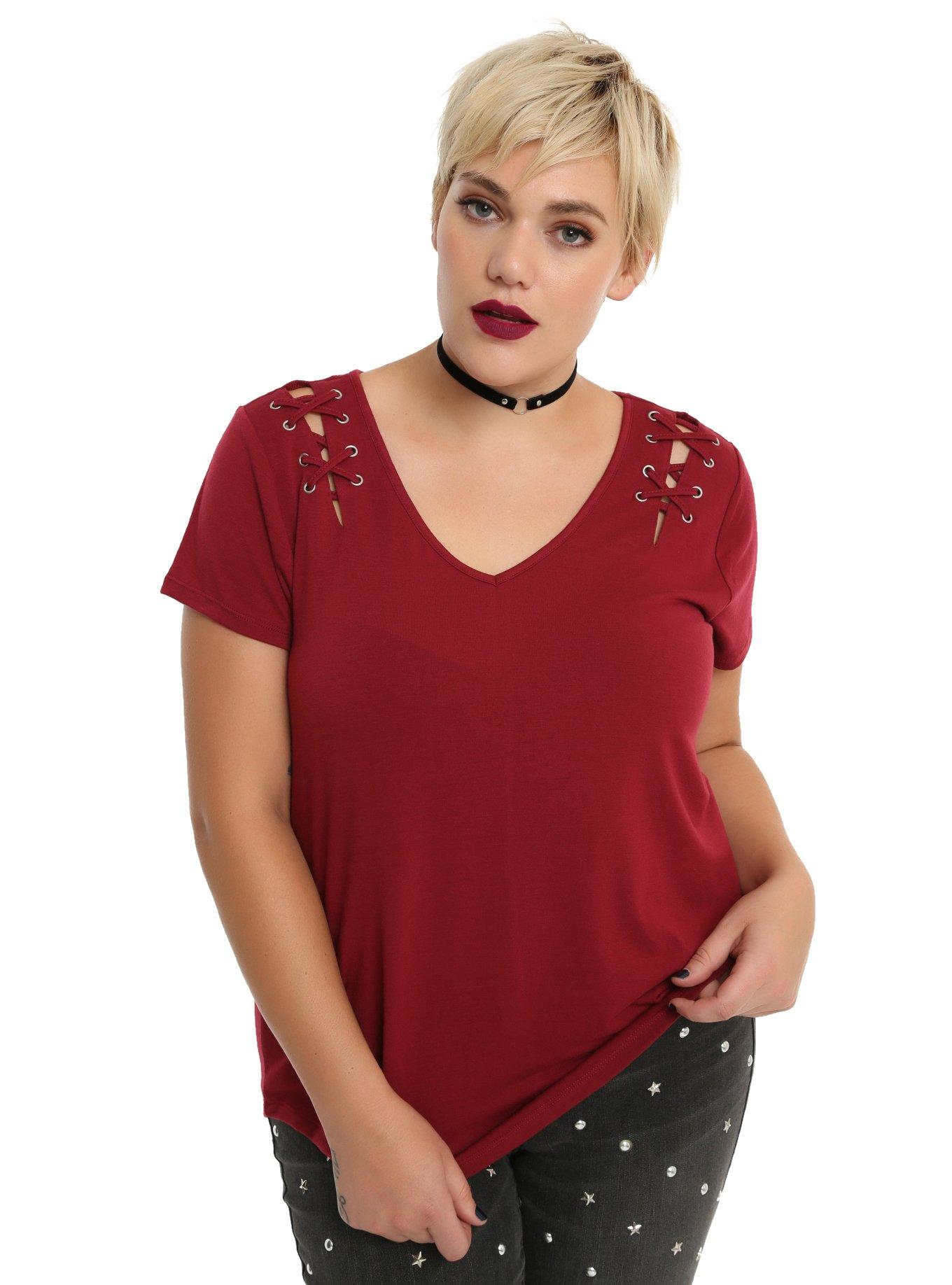 Burgundy Lace-Up Girls Top Plus Size, RED, hi-res