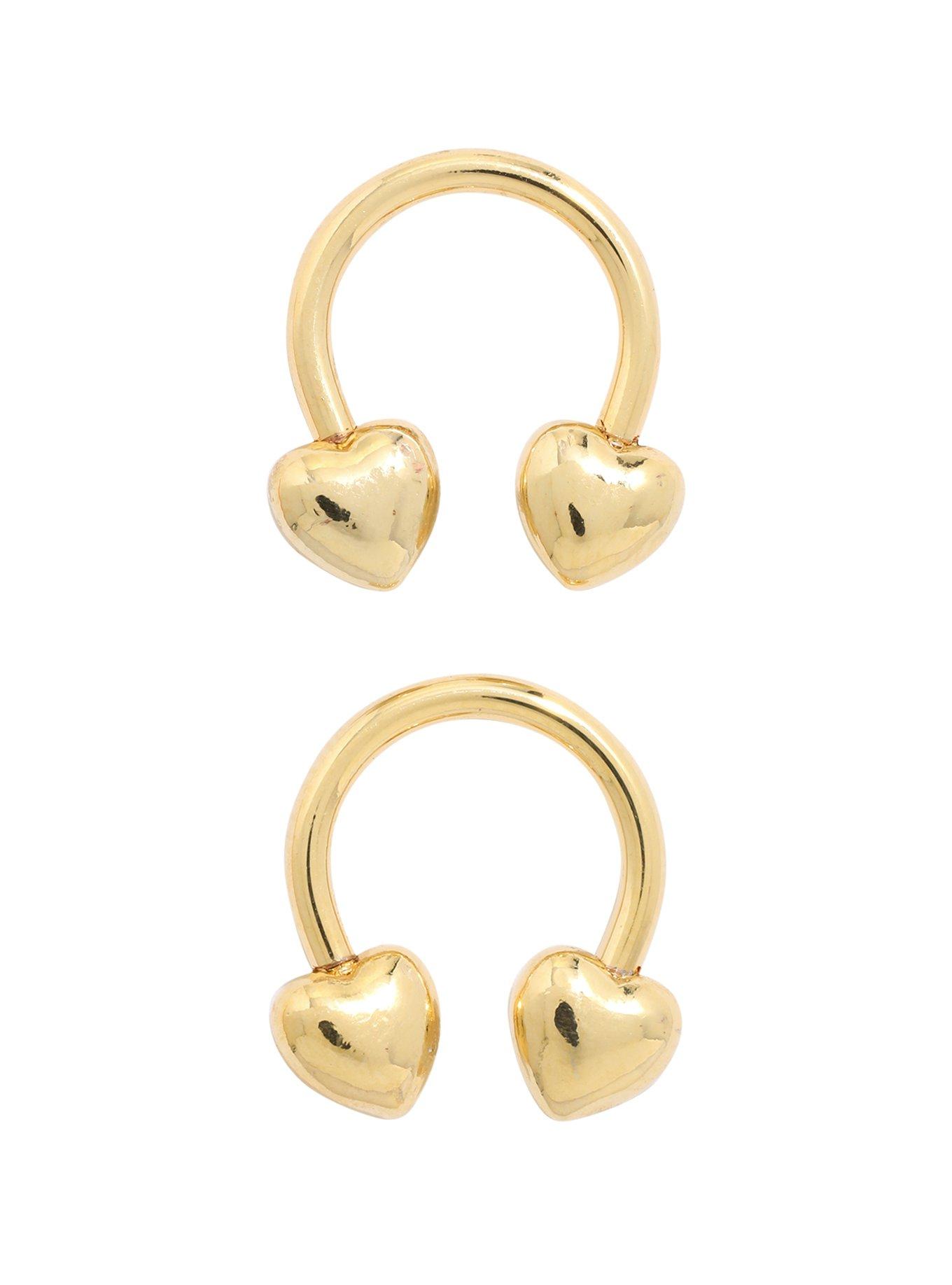 Steel Gold Plated Heart Circular Barbell 2 Pack, GOLD, hi-res
