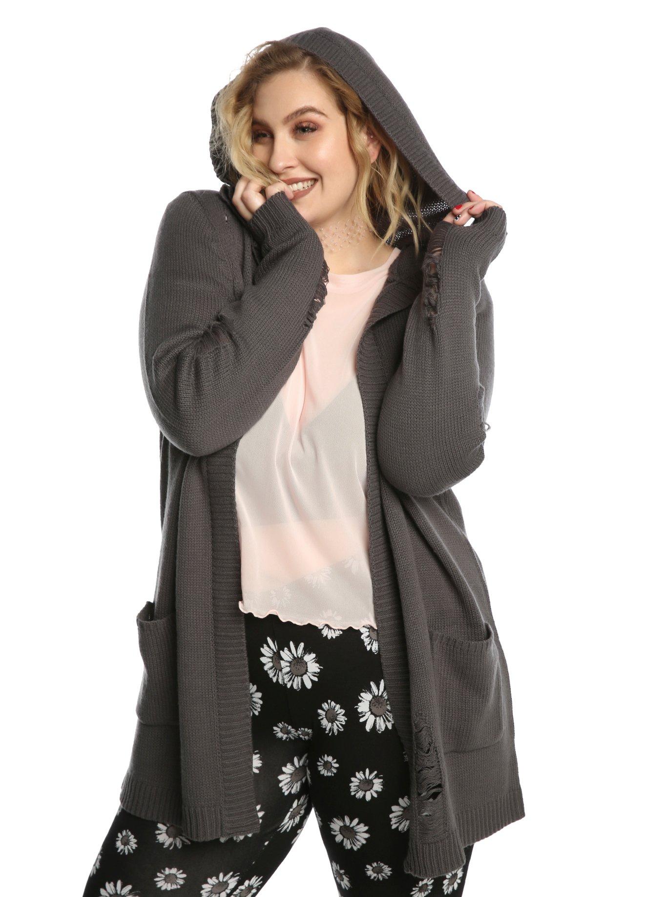 Grey Deconstructed Girls Flyaway Hooded Cardigan Plus Size, GREY, hi-res