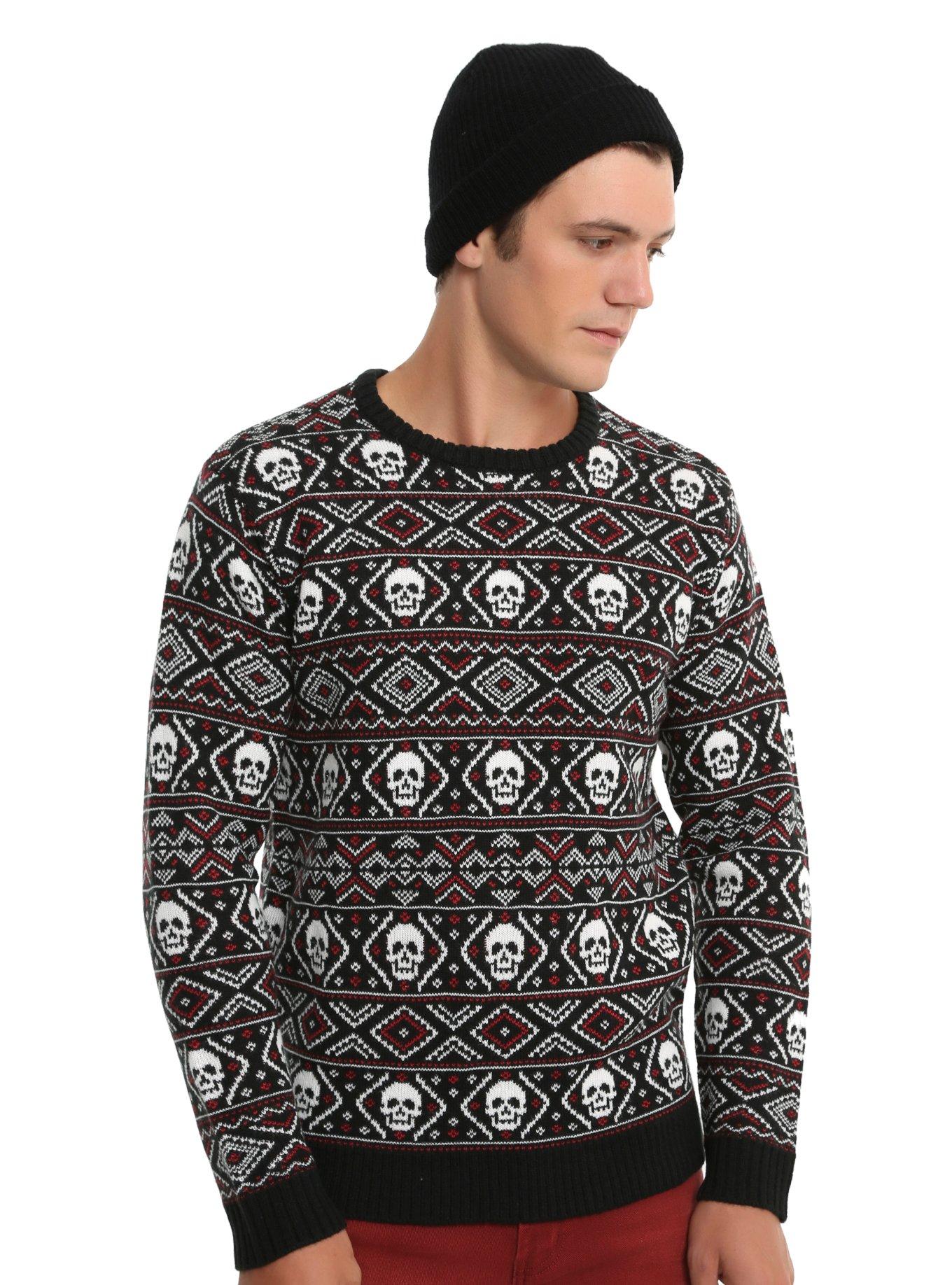 XXX RUDE Black & Red Skull Fair Isle Sweater, BLACK, hi-res