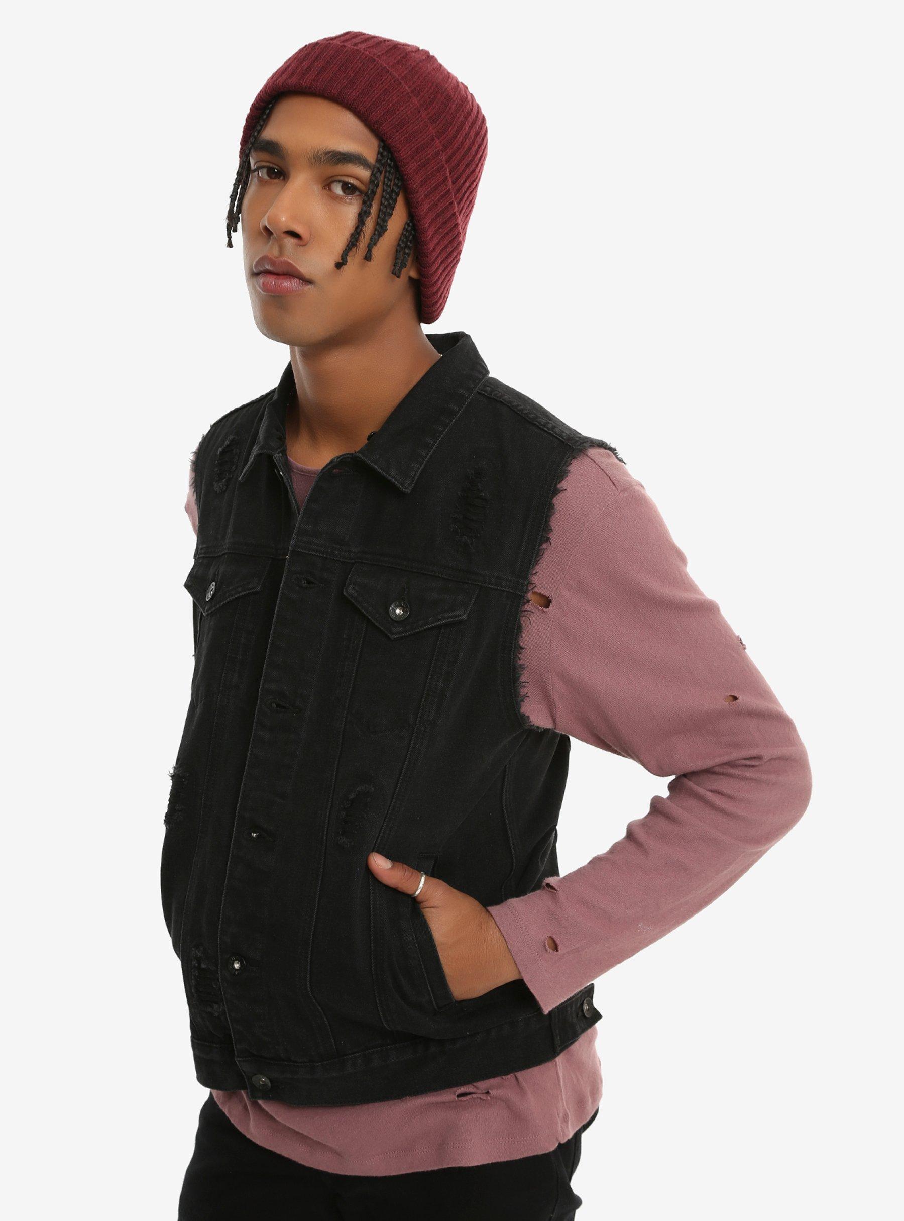 XXX RUDE Black Hooded Destructed Denim Vest, BLACK, hi-res