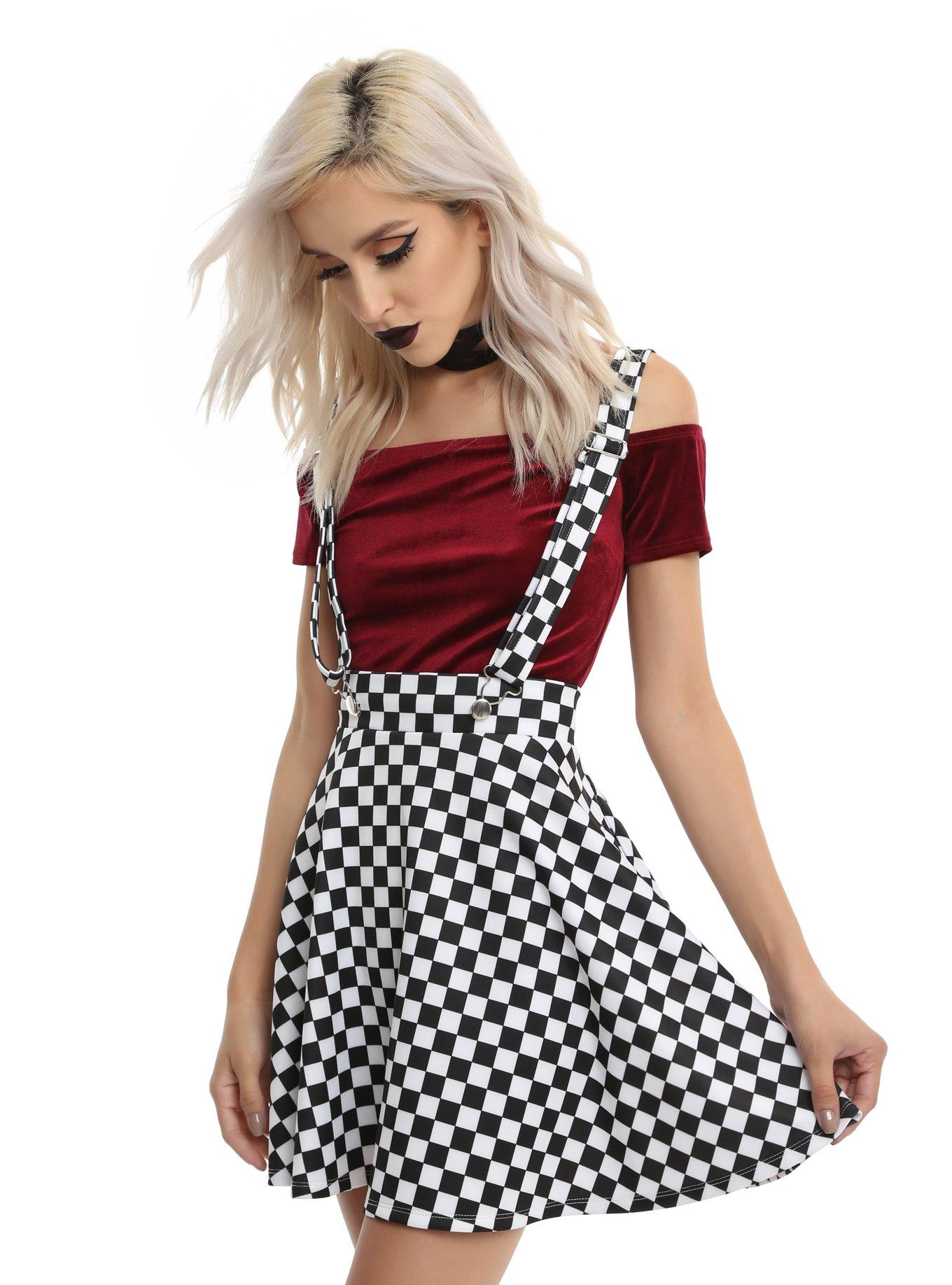 Black & White Checkered Suspender Skirt, BLACK, hi-res