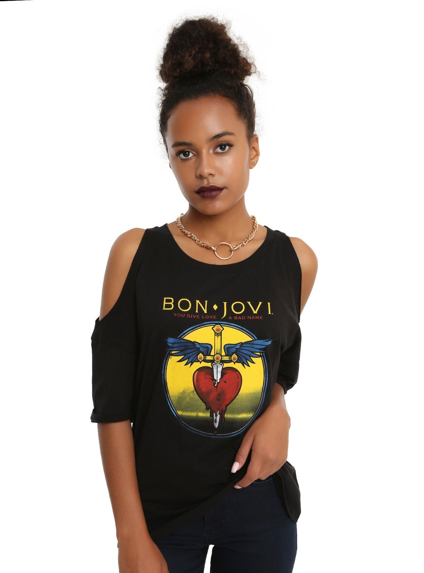 Bon Jovi You Give Love A Bad Name Girls Cold Shoulder Top, BLACK, hi-res