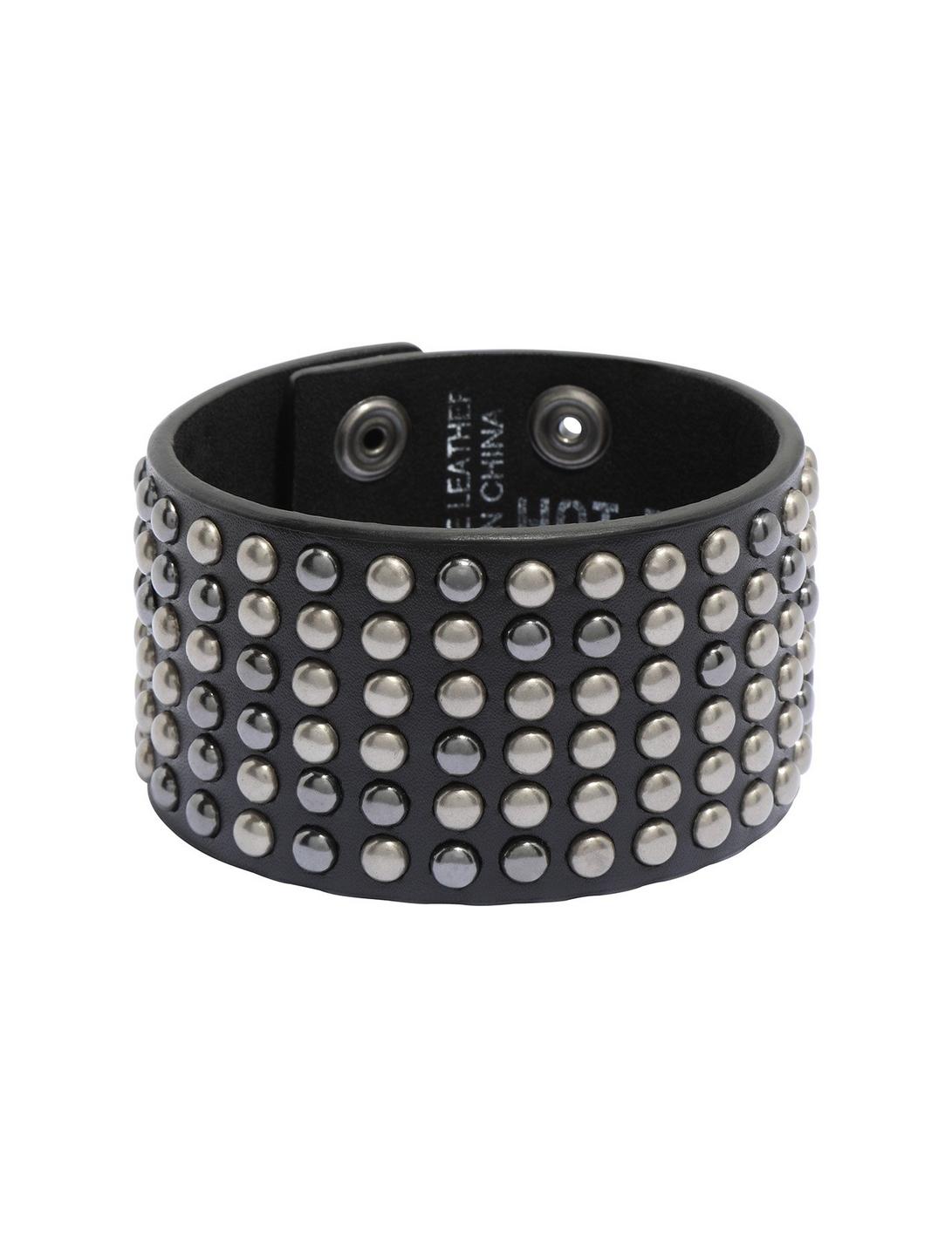 Black Faux Leather 6 Row Round Stud Cuff, , hi-res