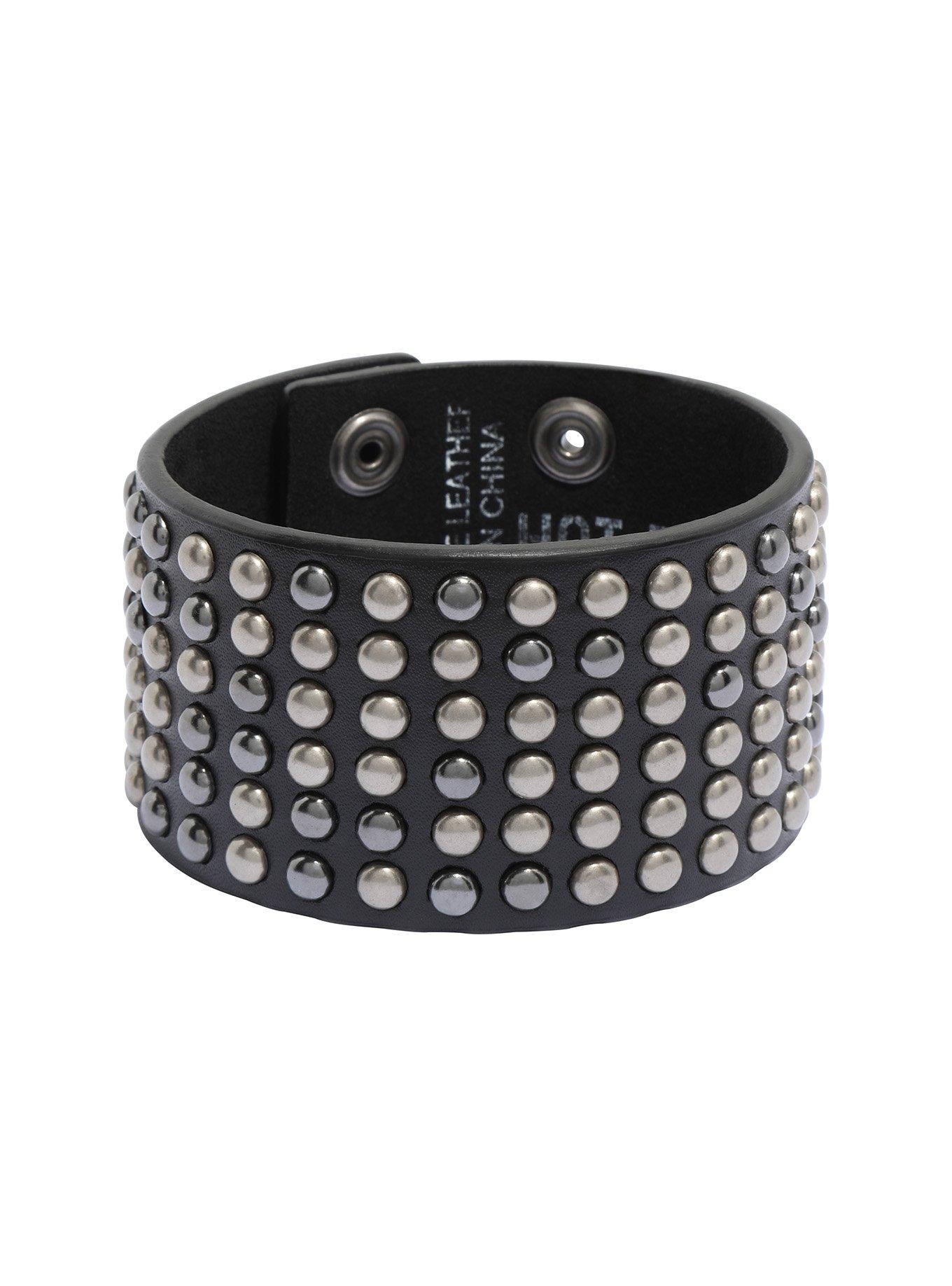 Black Faux Leather 6 Row Round Stud Cuff, , hi-res