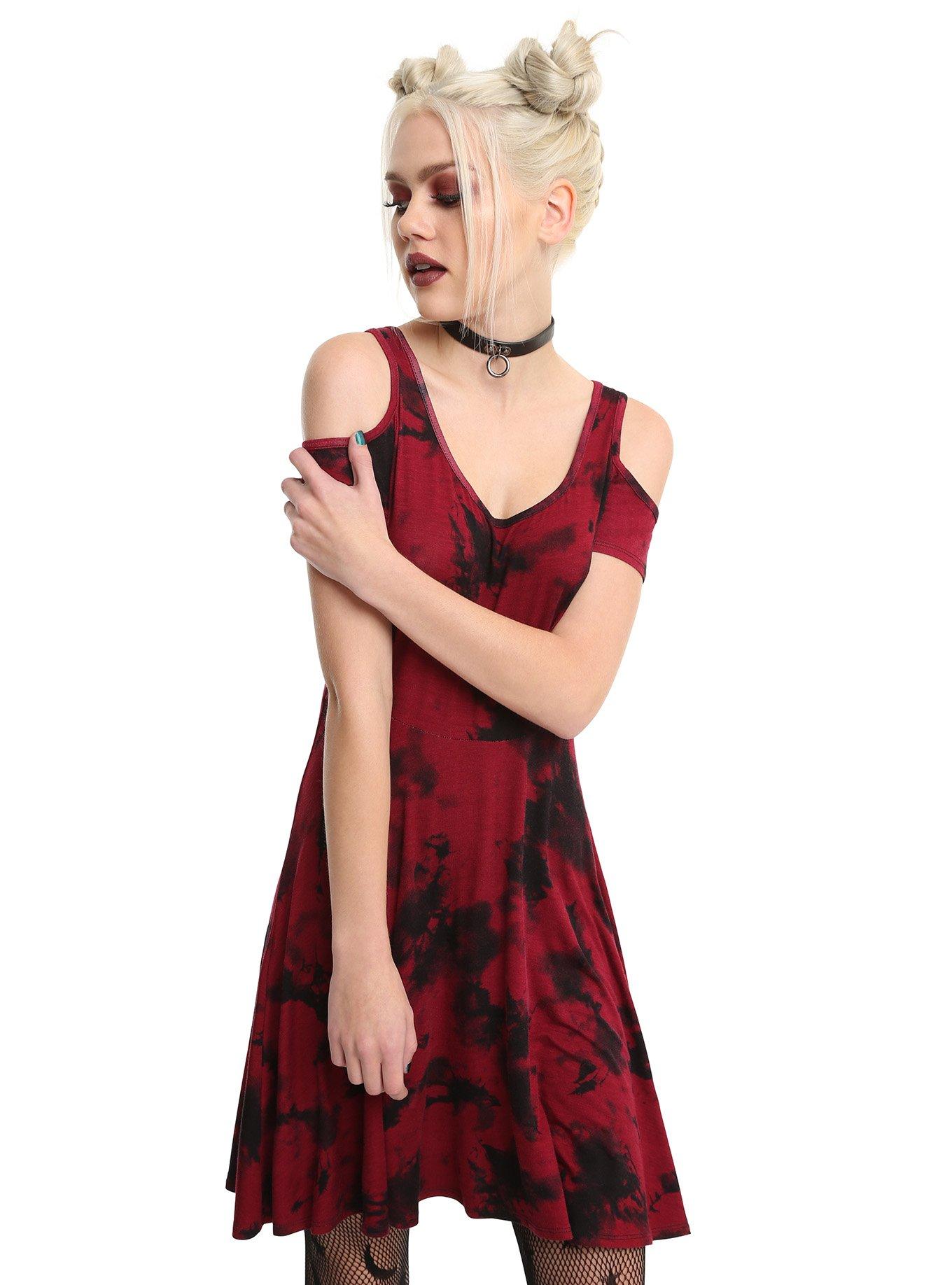 Red & Black Tie Dye Cold Shoulder Dress, RED, hi-res