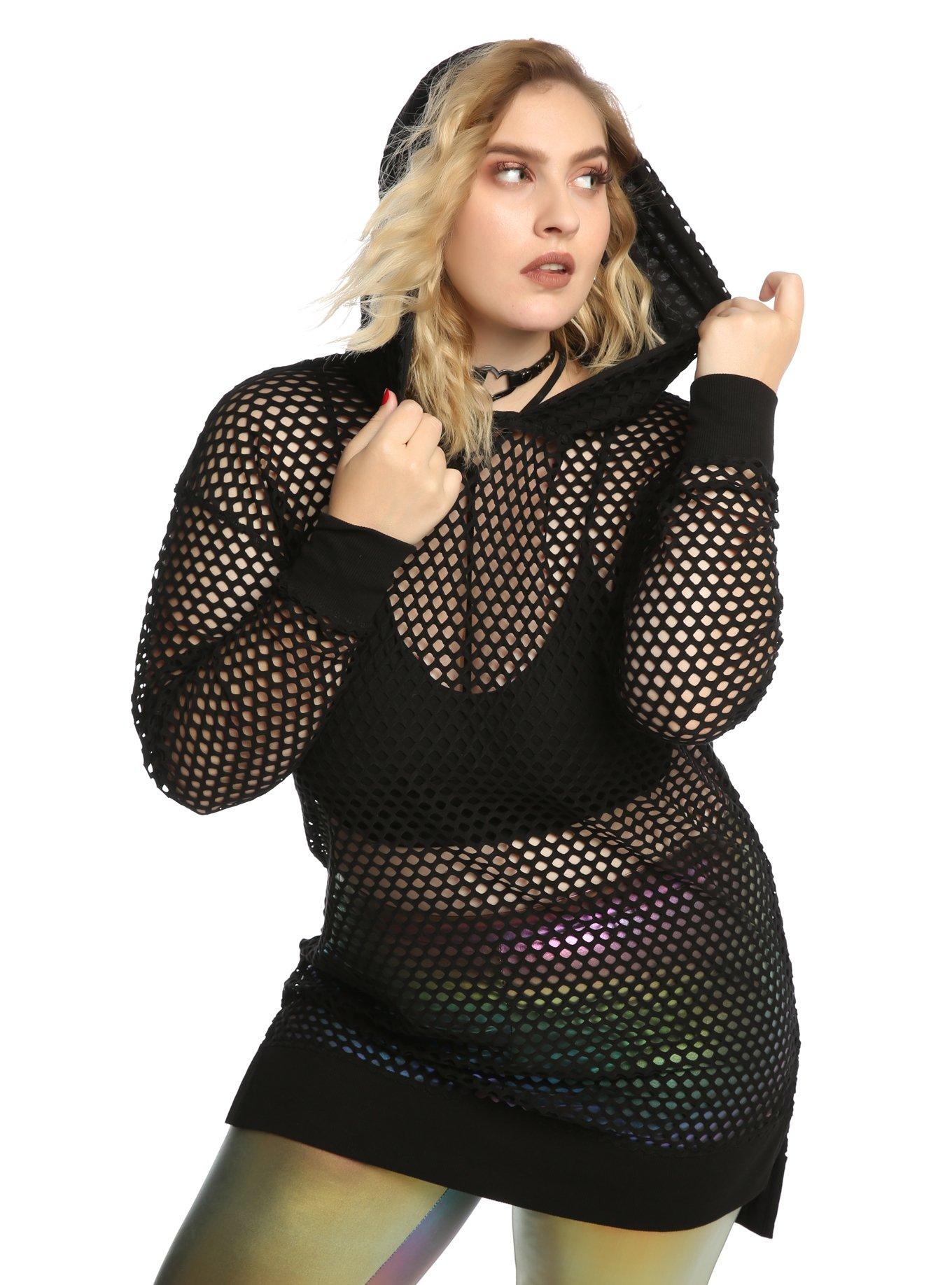 Black Fishnet Girls Tunic Hoodie Plus Size, BLACK, hi-res
