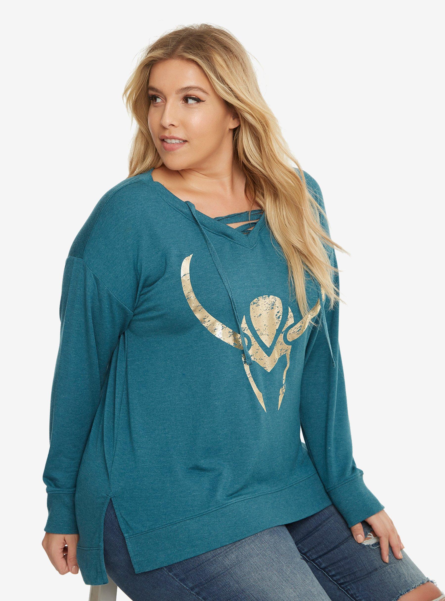 Marvel Loki Helmet Tie-Front Sweatshirt Plus Size, MULTI, hi-res