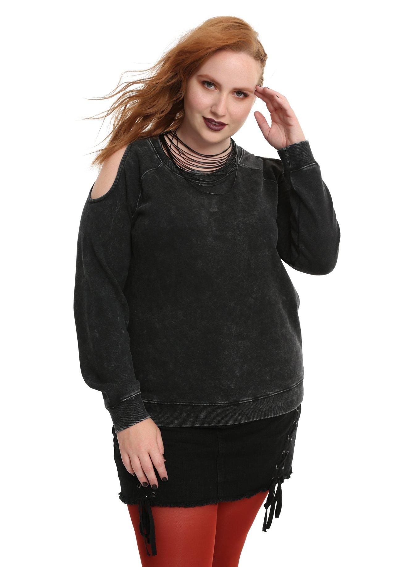 Faded Black Cold Shoulder Girls Sweatshirt Plus Size, RAINBOW, hi-res