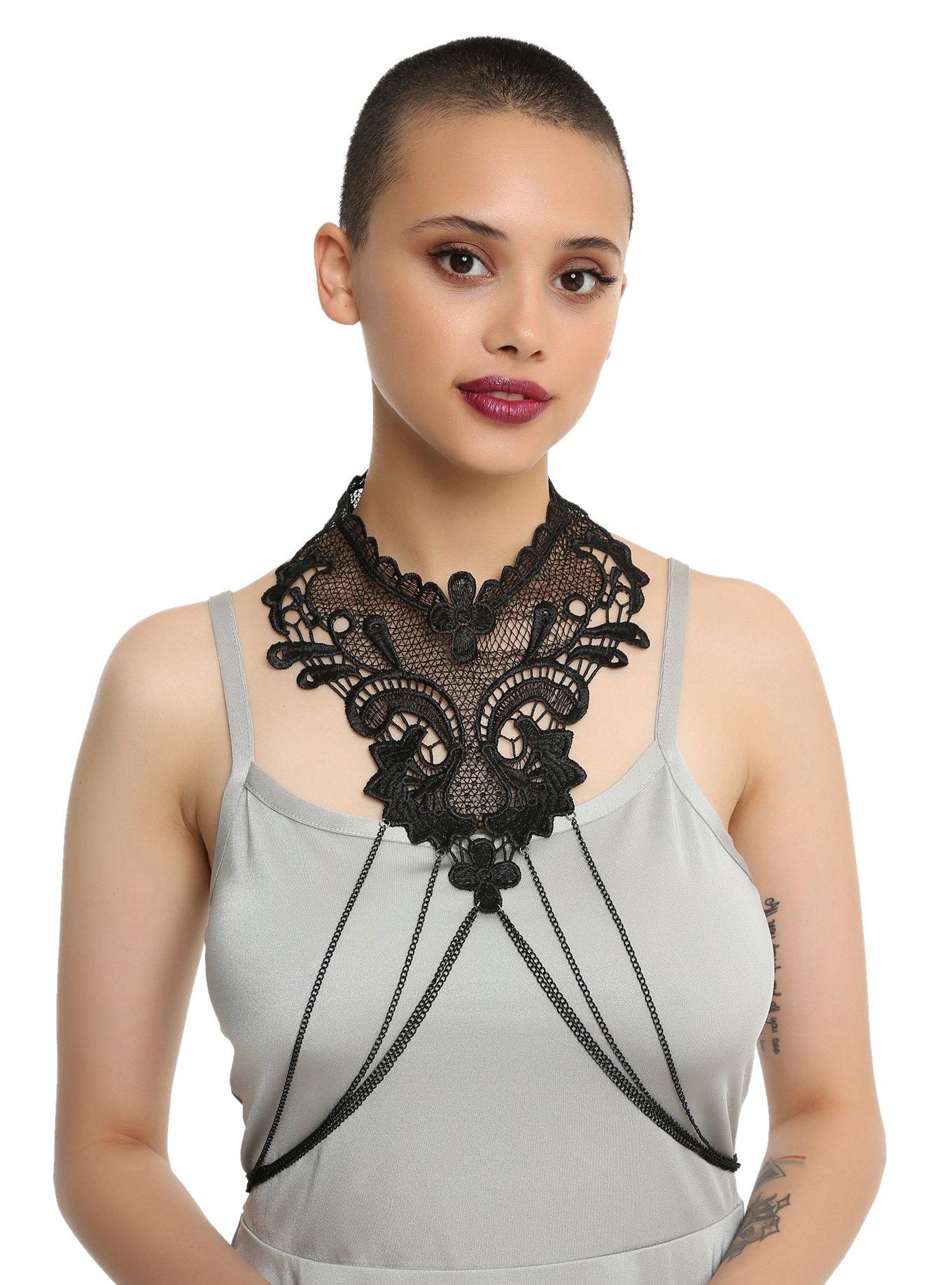 Black Lace Filigree Choker Body Harness, , hi-res