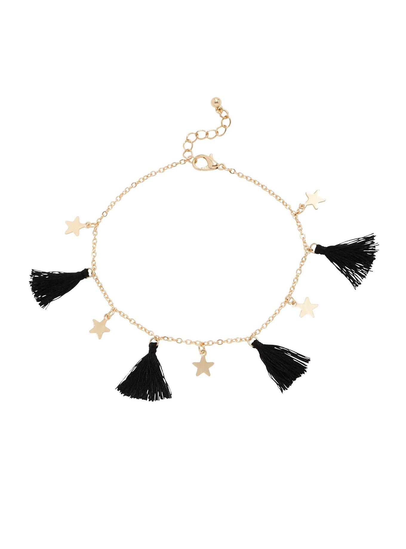 Gold Star Black Tassel Anklet, , hi-res