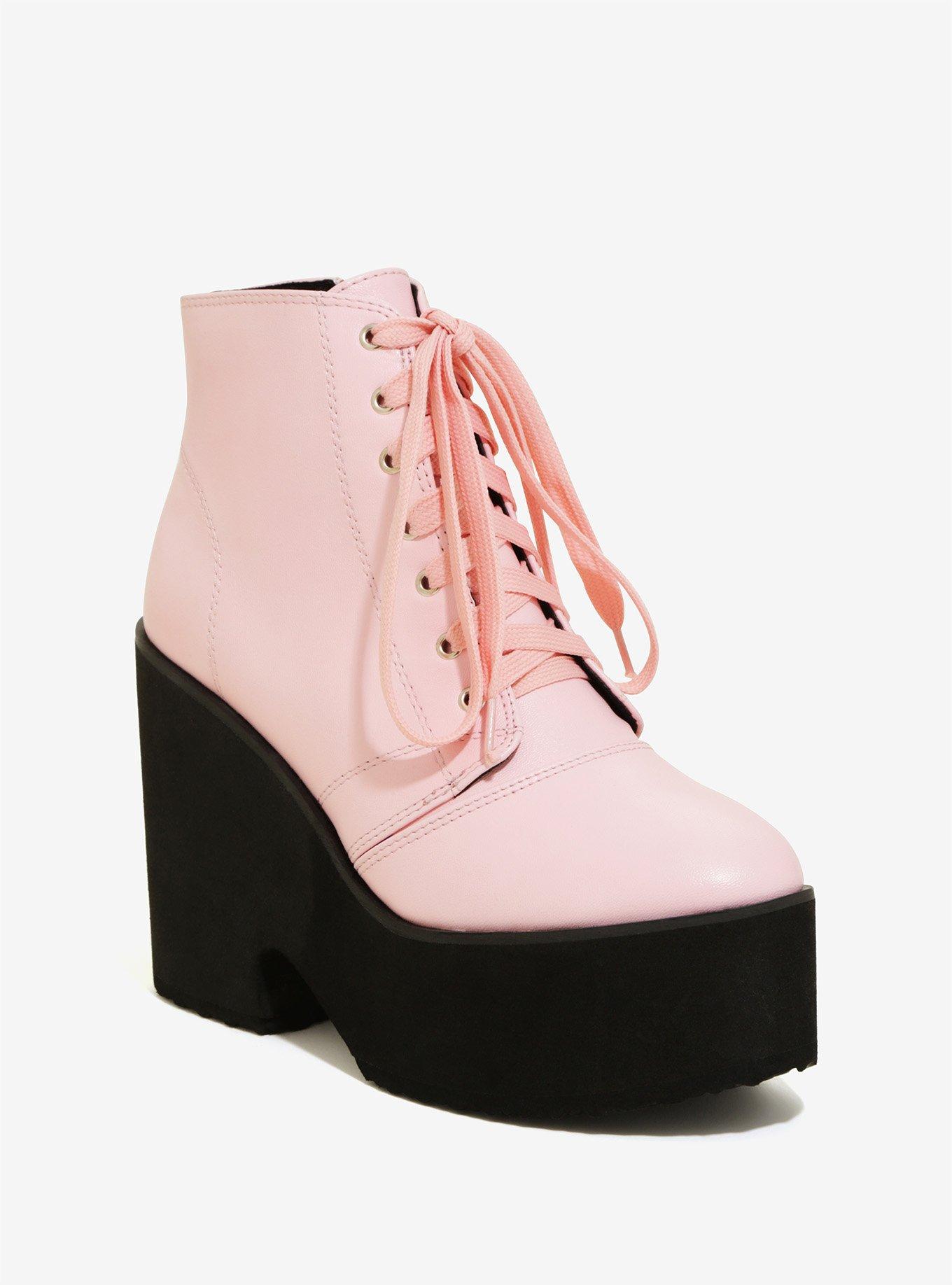 Pastel Pink Lace-Up Platform Booties, BLACK, hi-res