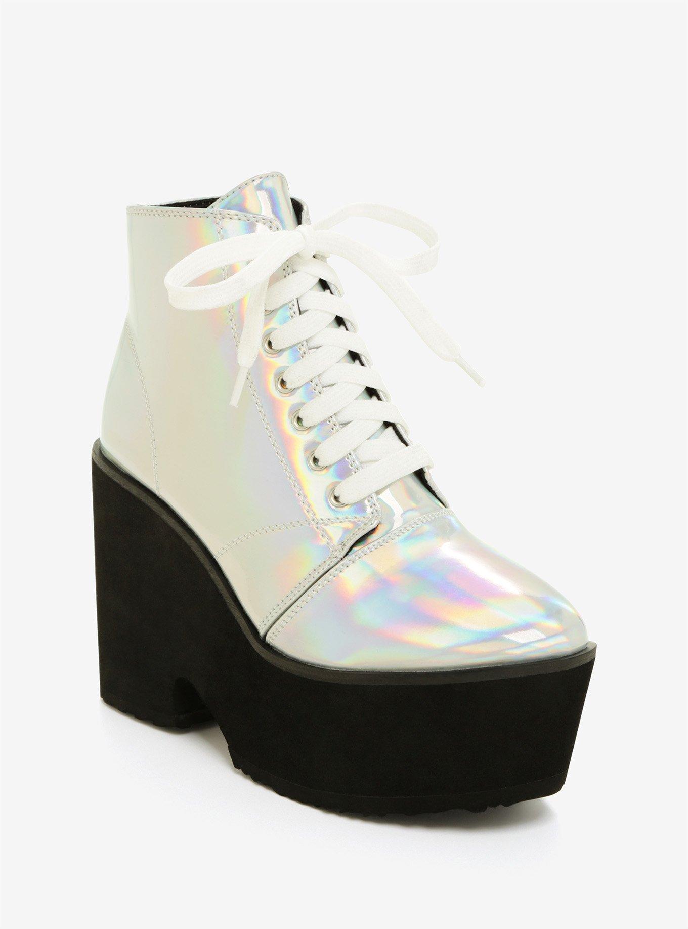 Holographic Faux Leather Lace-Up Platform Booties, MULTI COLOR, hi-res