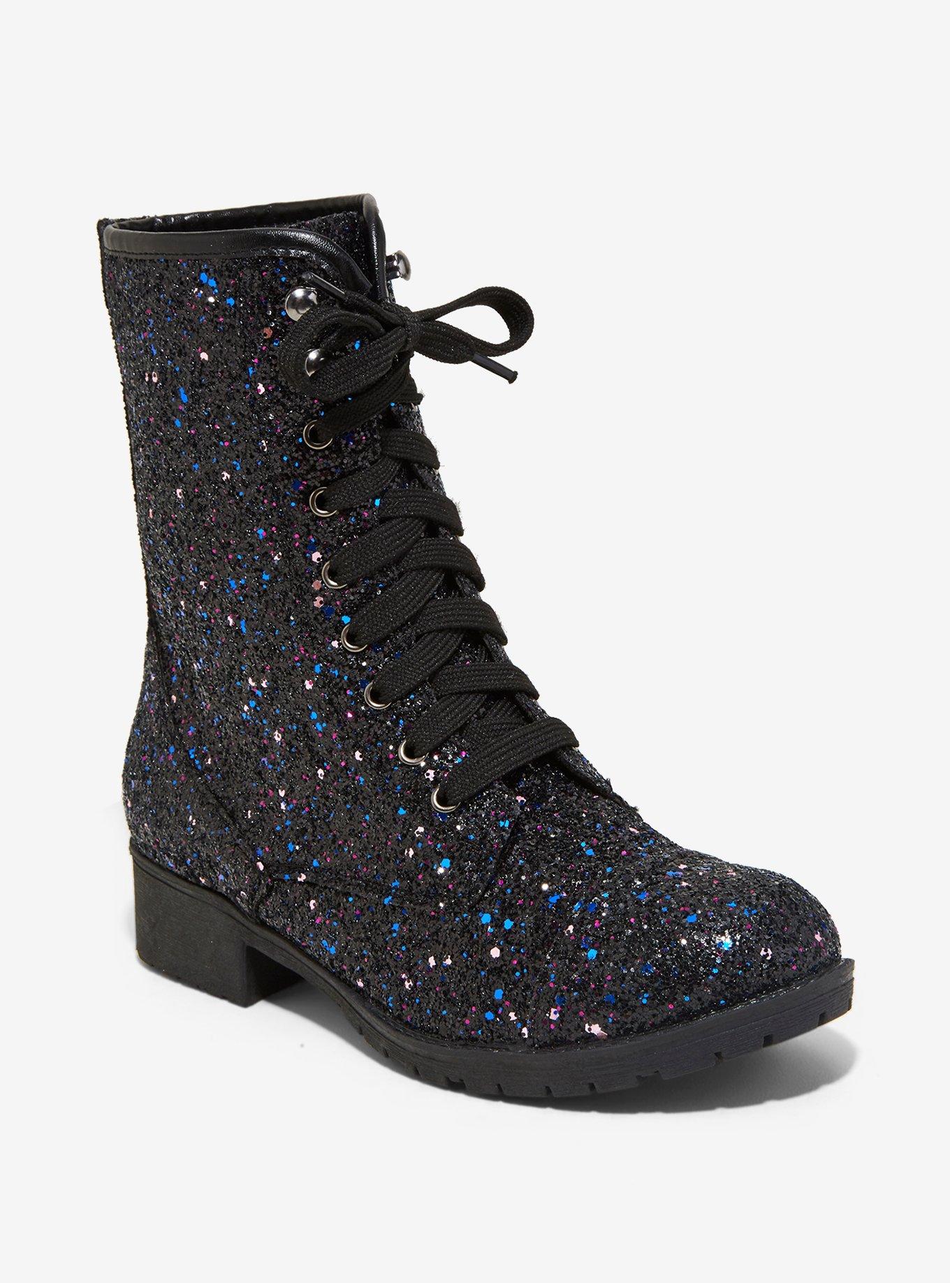 Black & Purple Glitter Combat Boots, MULTI, hi-res