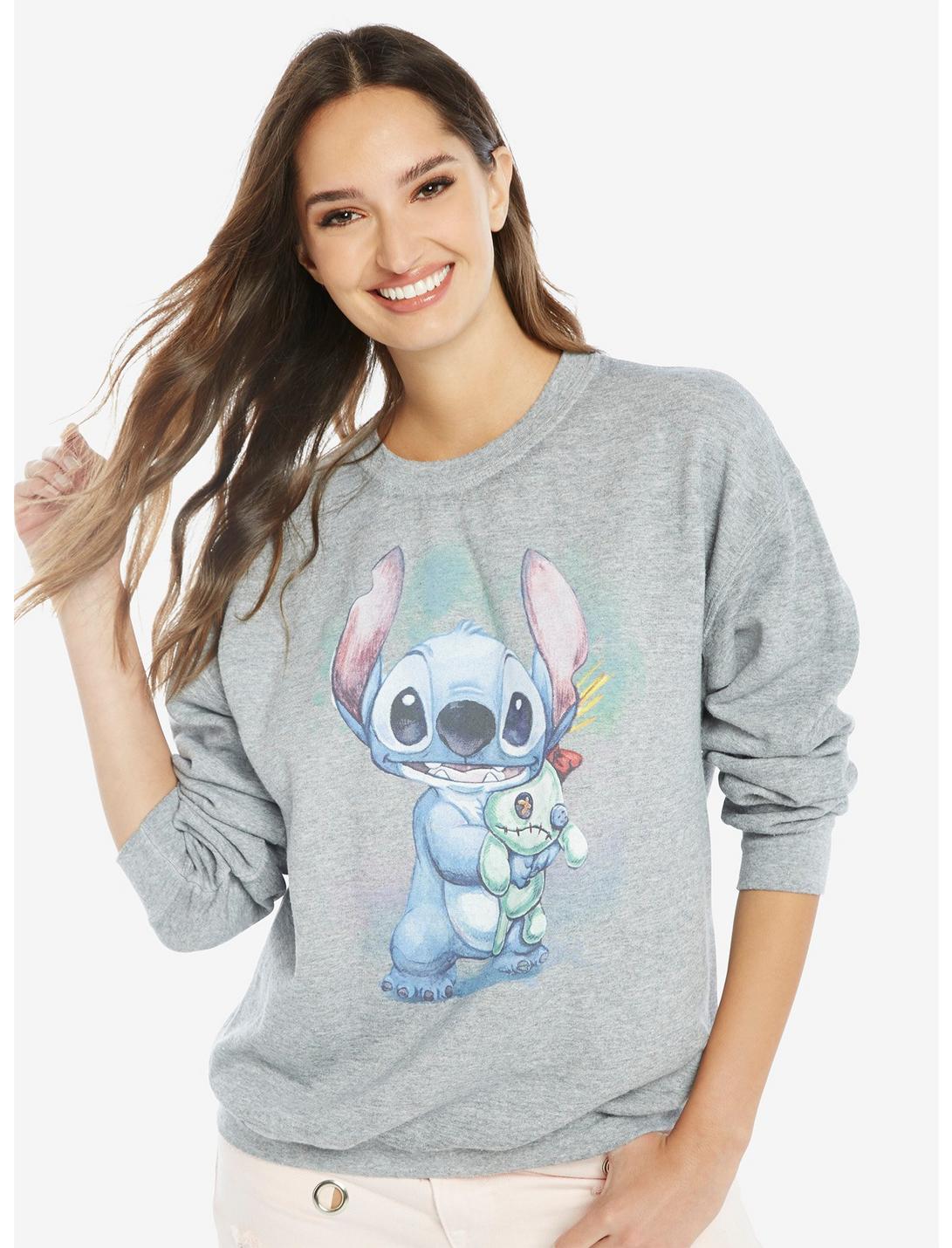 Disney Lilo & Stitch Watercolor Womens Sweatshirt - BoxLunch Exclusive, GREY, hi-res