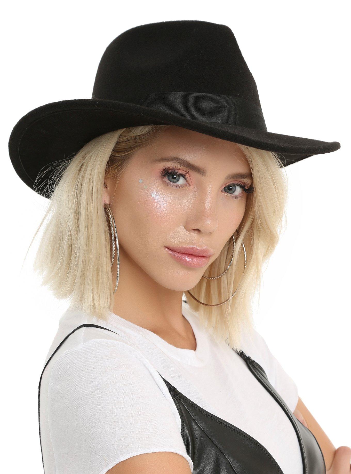 Black Flat Brim Fedora, , hi-res